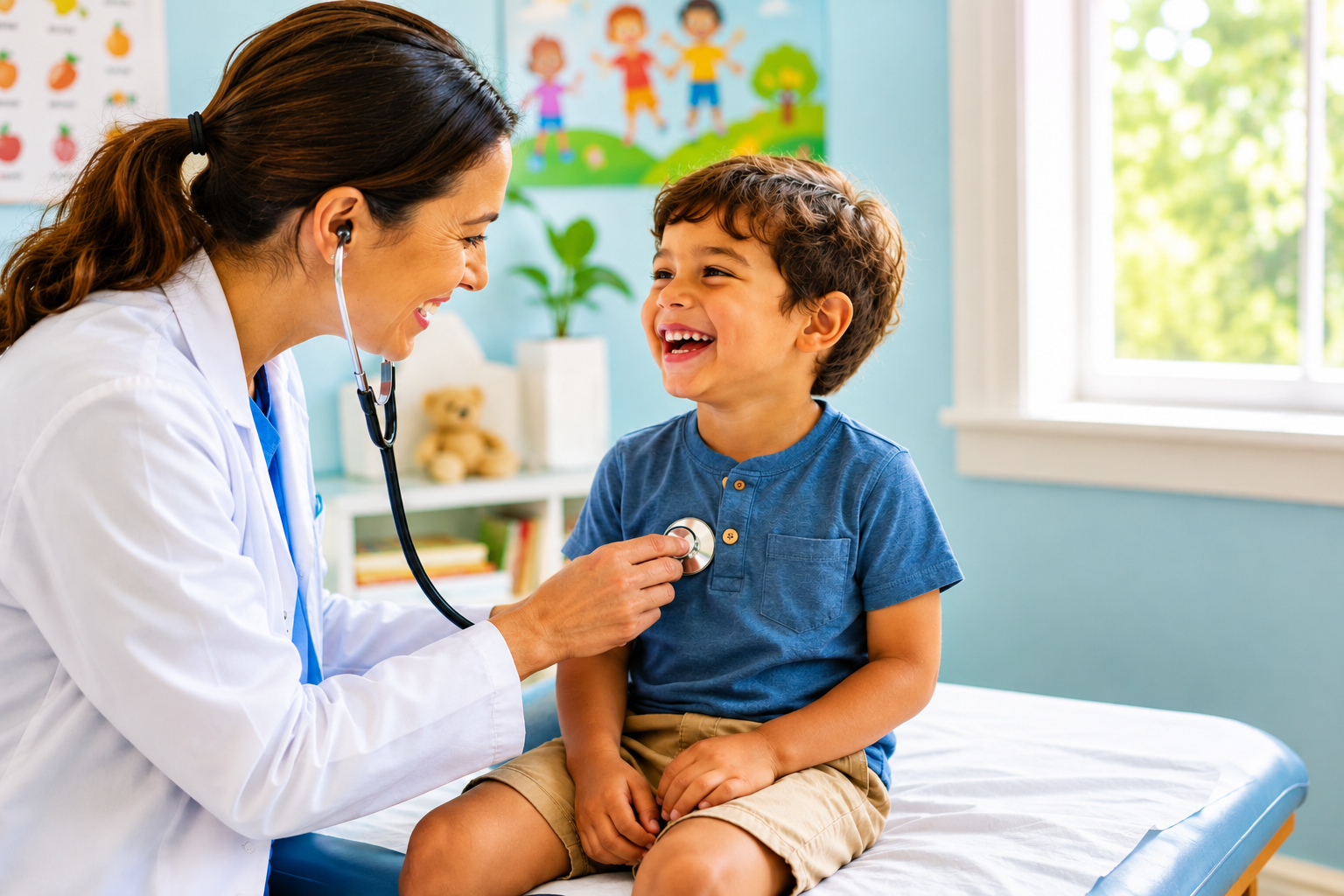 A female doctor using a stethoscope to examine a young boy’s chest during a check-up in a pediatric office, with colorful educational posters and toys in the background.