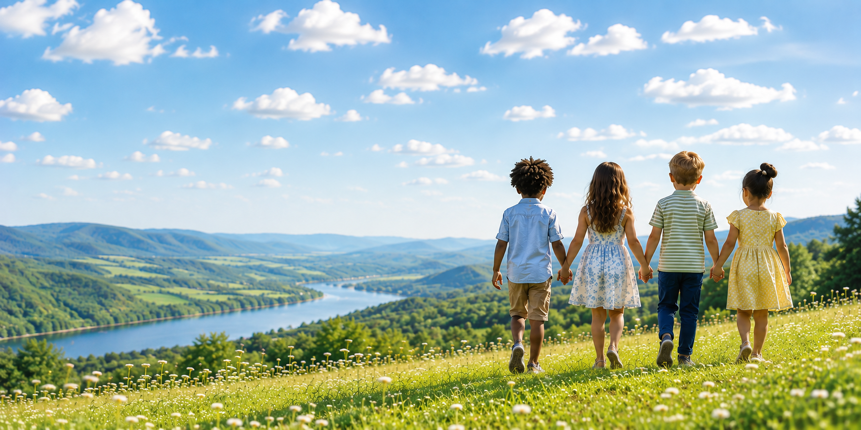 Four children holding hands, walking in a grassy field with a river, rolling hills, and a blue sky with clouds in the background.