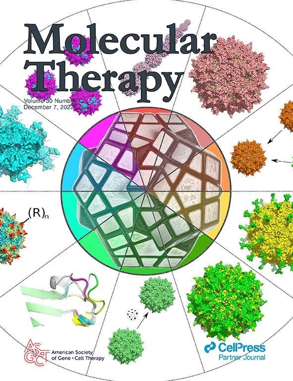 Cover of a scientific journal titled "Molecular Therapy" featuring illustrations of various colored virus particles and a central diagram of a virus particle structure.