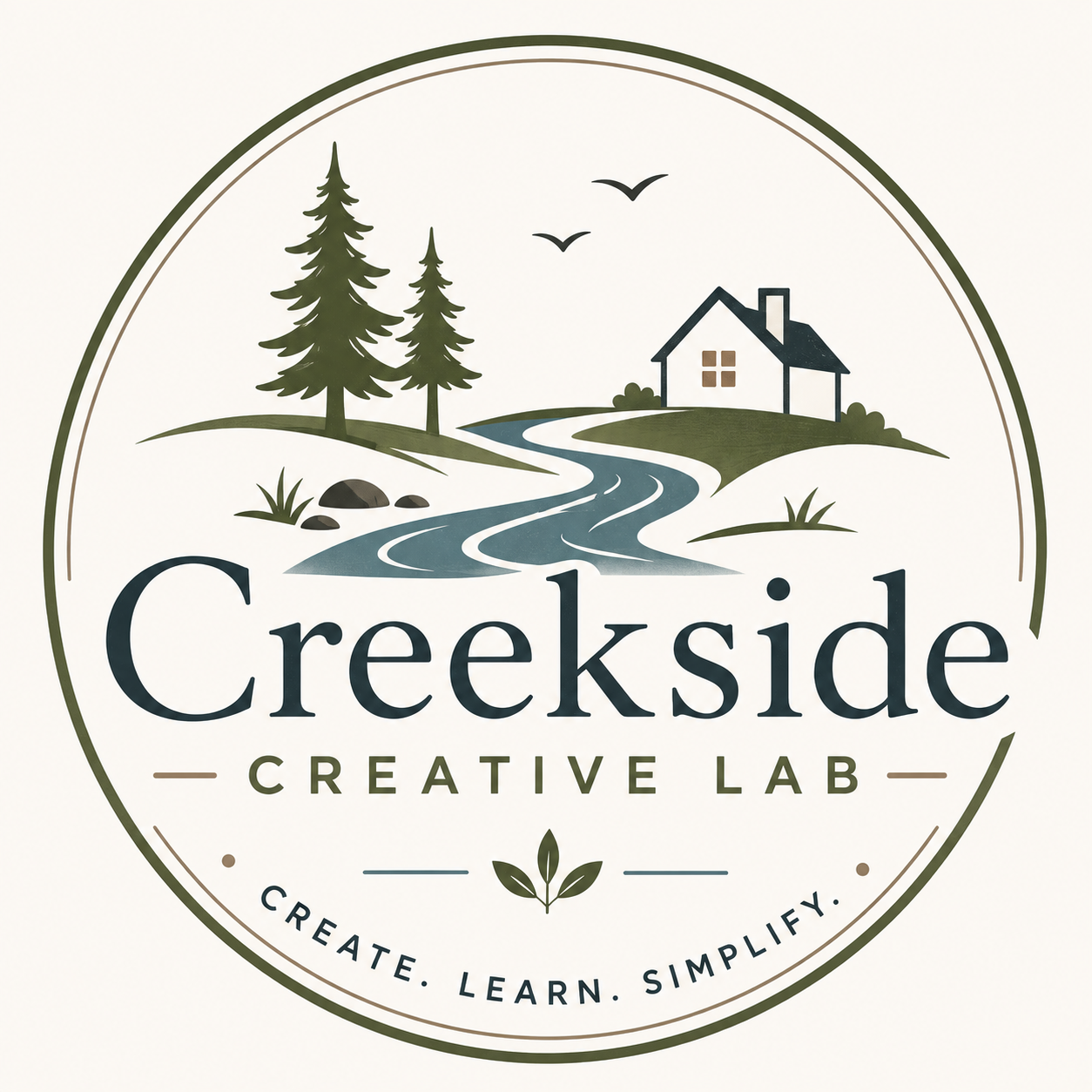 Logo for Creekside Creative Lab featuring a winding creek, pine trees, a house, and flying birds within a circular border, with the tagline 'Create. Learn. Simplify.'