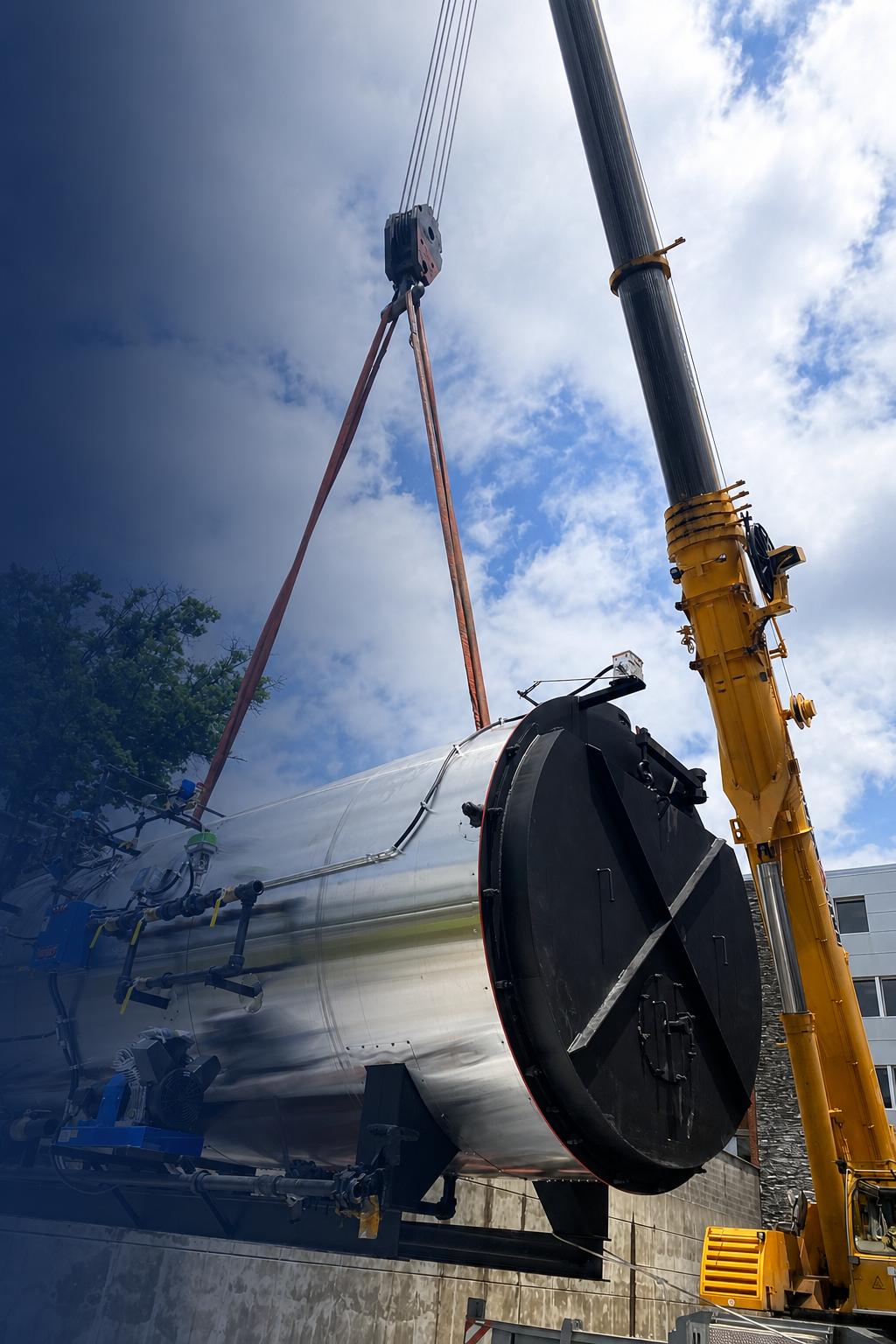 Commercial boiler installation using a crane for CIMCO Building Services.