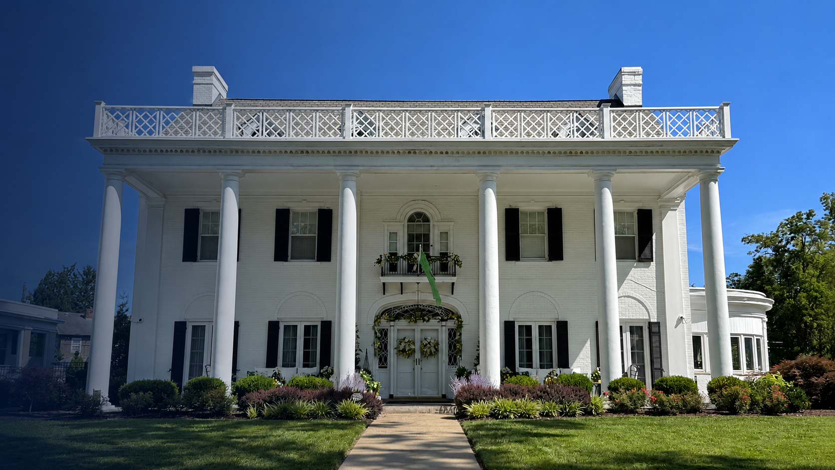 Front exterior of the Marshall University President's House in Huntington, West Virginia.