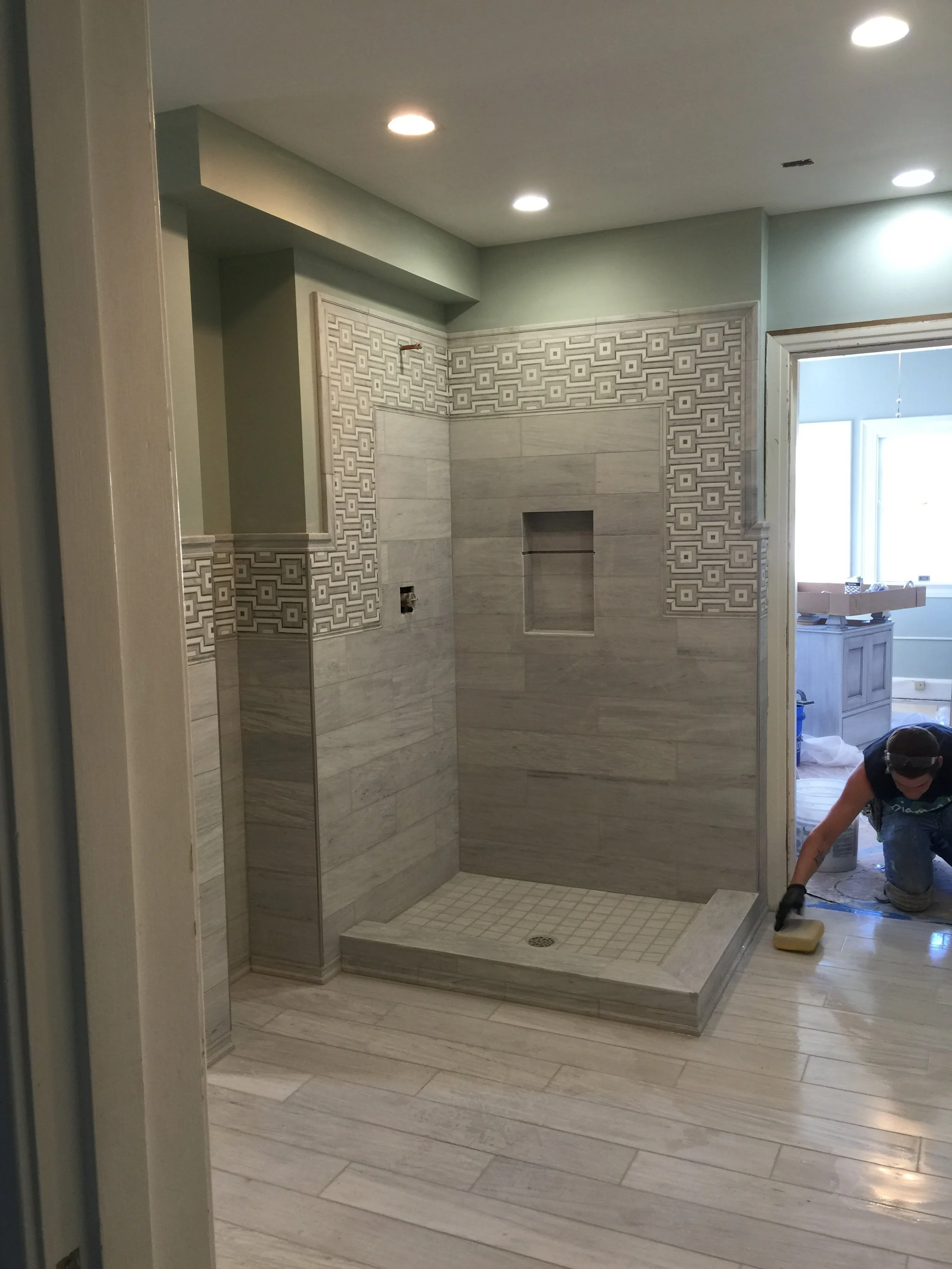 Bathroom shower renovation in progress at the Marshall University President's House in Huntington, West Virginia.