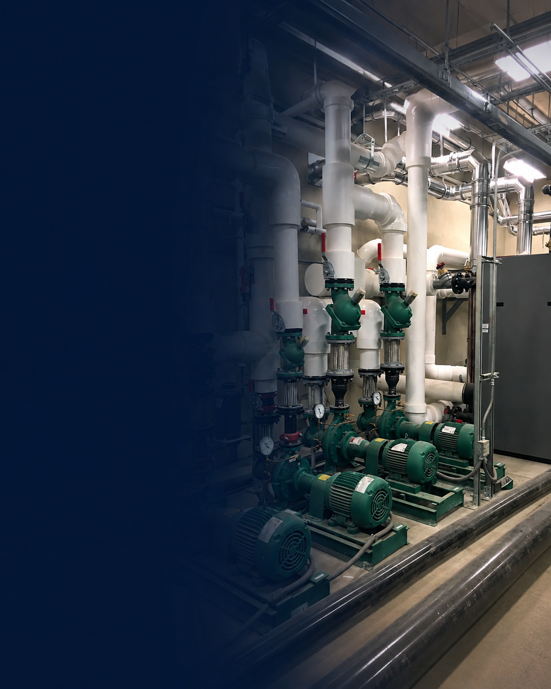 Commercial mechanical room with piping, pumps and HVAC equipment.