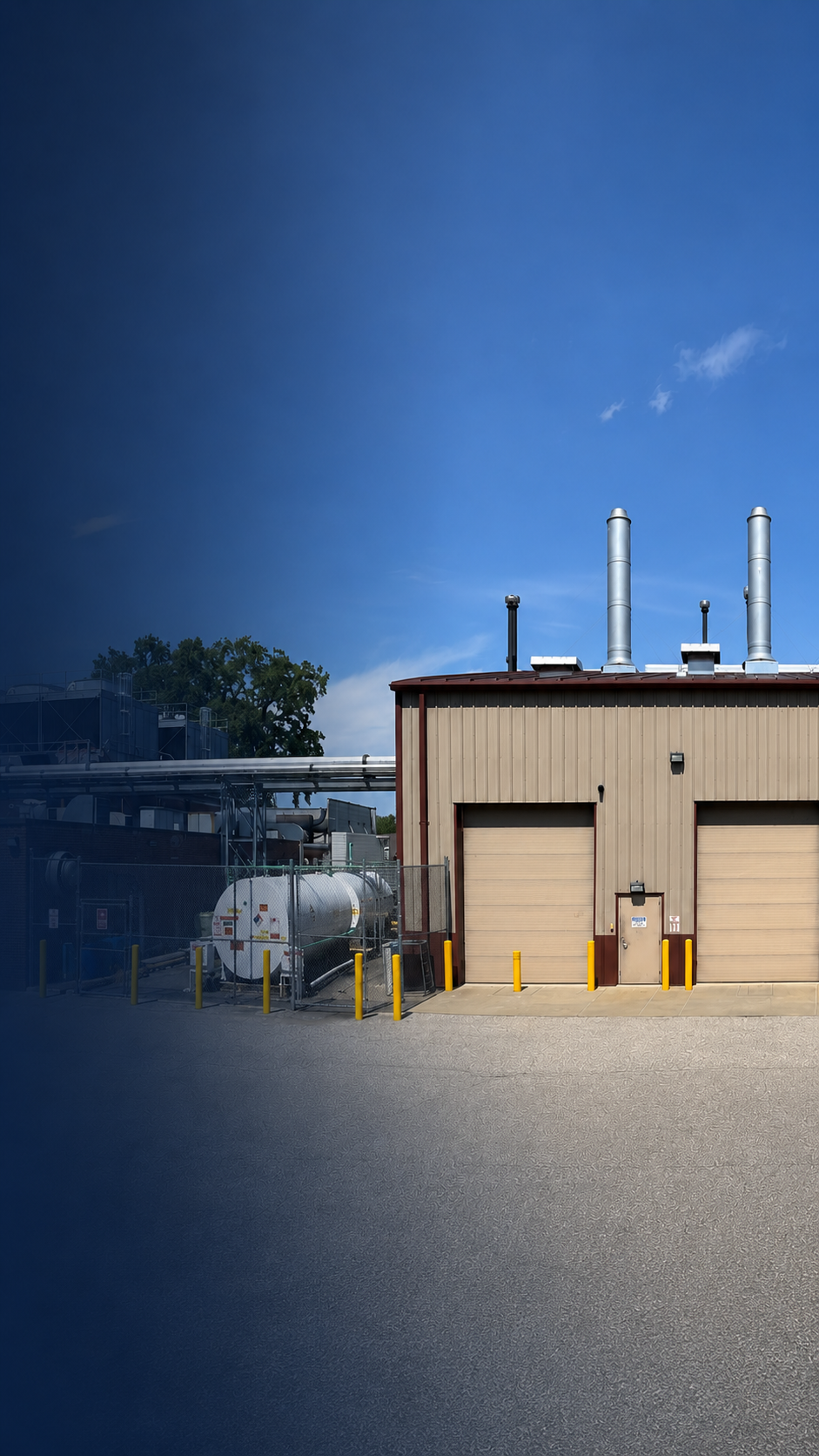 St. Mary’s Medical Center Boiler Plant in Huntington, West Virginia, with boiler stacks, fuel equipment and exterior mechanical piping.