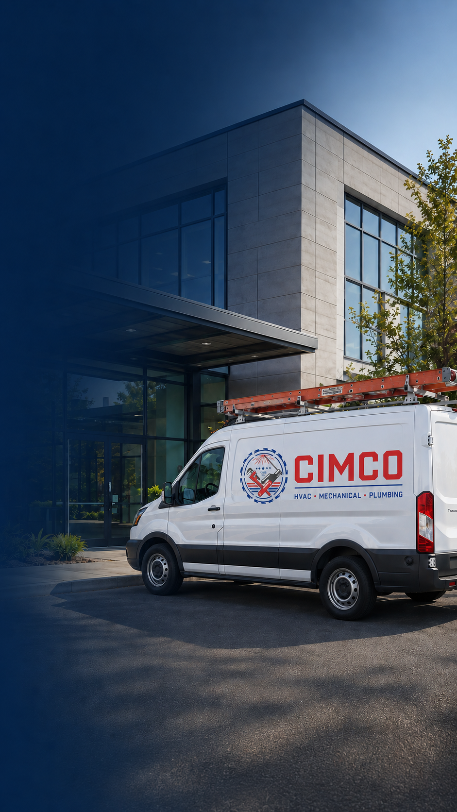 A healthcare facility with a white service van labeled 'CIMCO HVAC, Mechanical, Plumbing' parked outside.