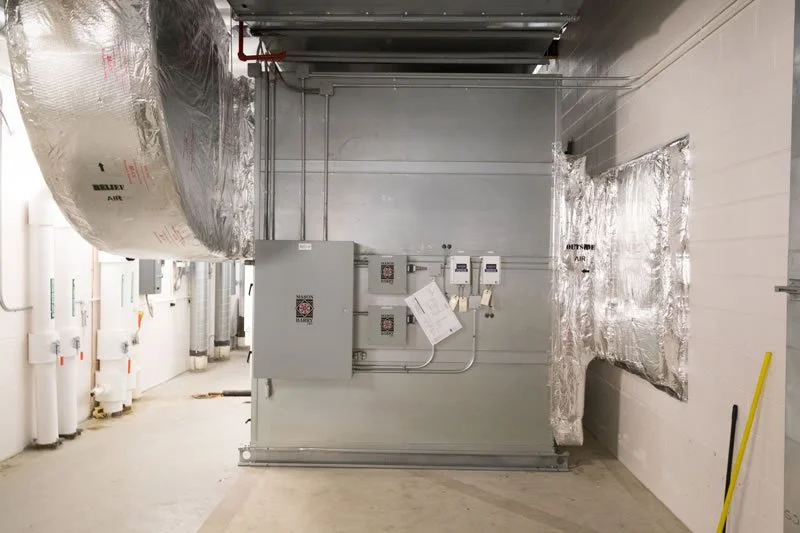Air-handling equipment and ductwork installed as part of the ACTC Main Building HVAC renovation.