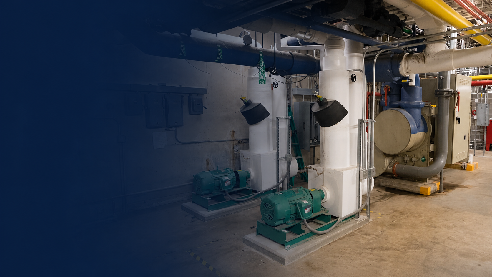 Commercial mechanical equipment room with pumps, piping and associated building systems.