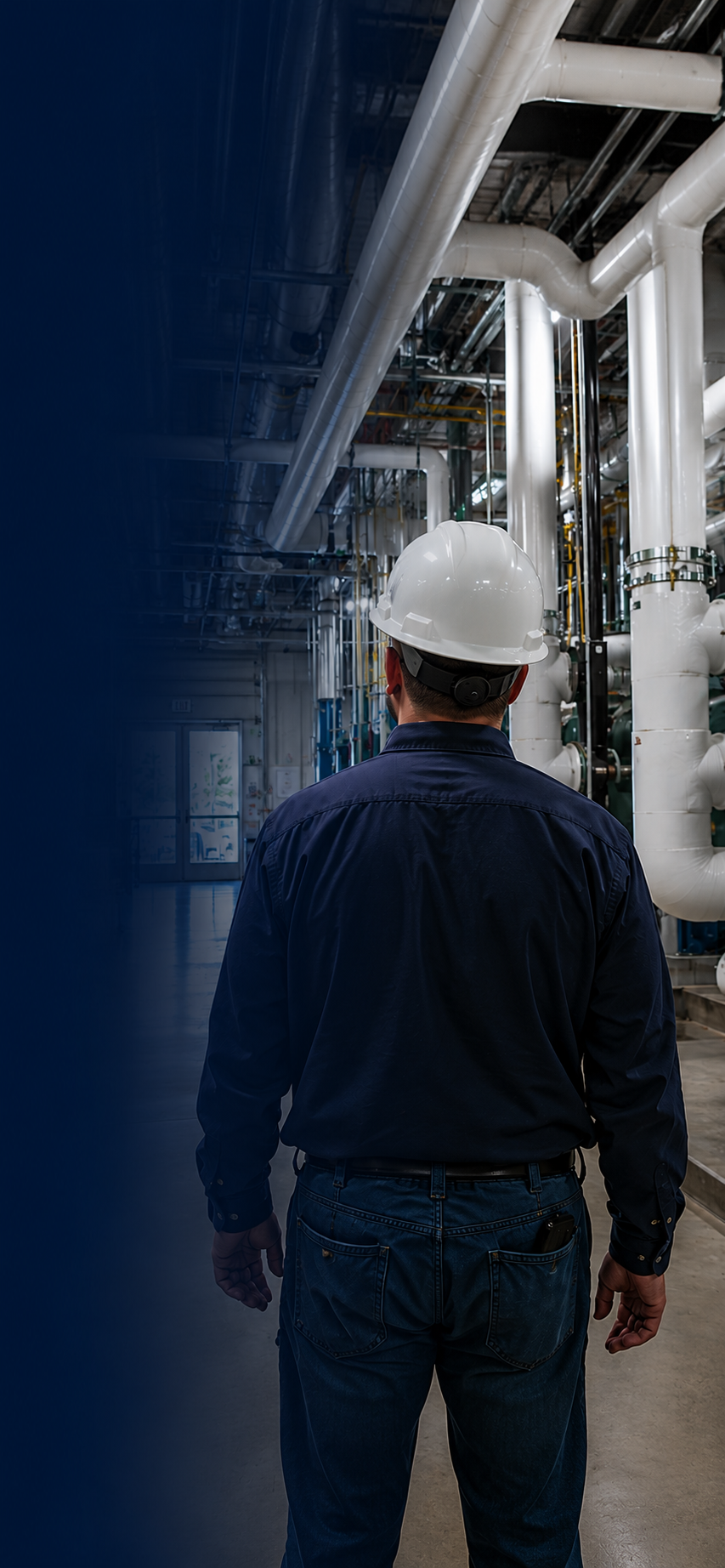 CIMCO technician in a commercial mechanical room with piping and building systems.