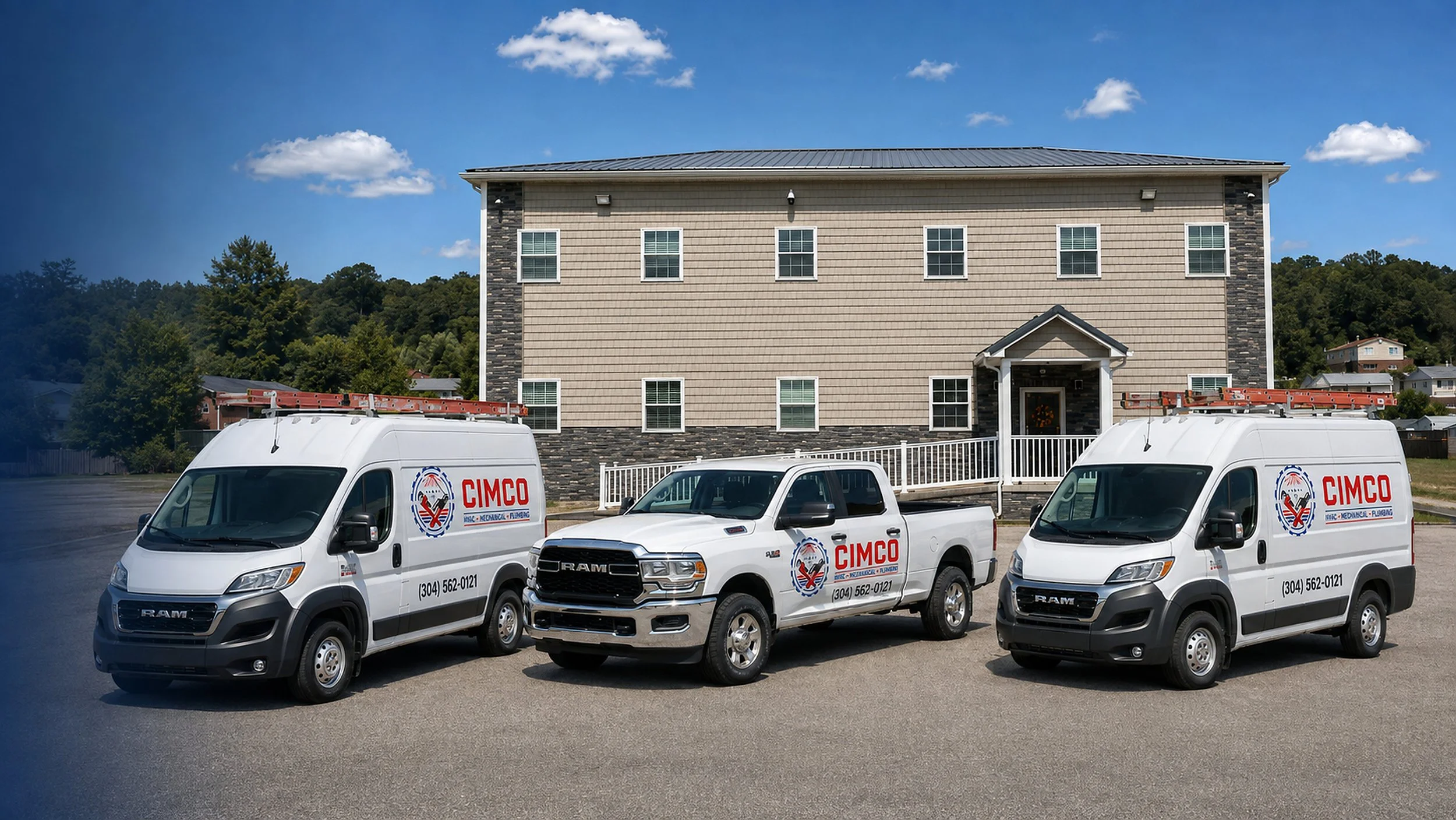 Three CIMCO service vehicles parked outside the company’s Hurricane, West Virginia facility.