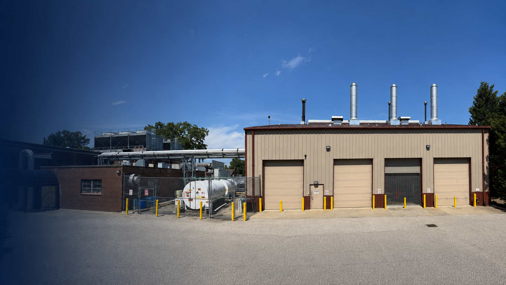 St. Mary’s Medical Center Boiler Plant in Huntington, West Virginia, showing the boiler house, steam stacks and exterior mechanical systems.