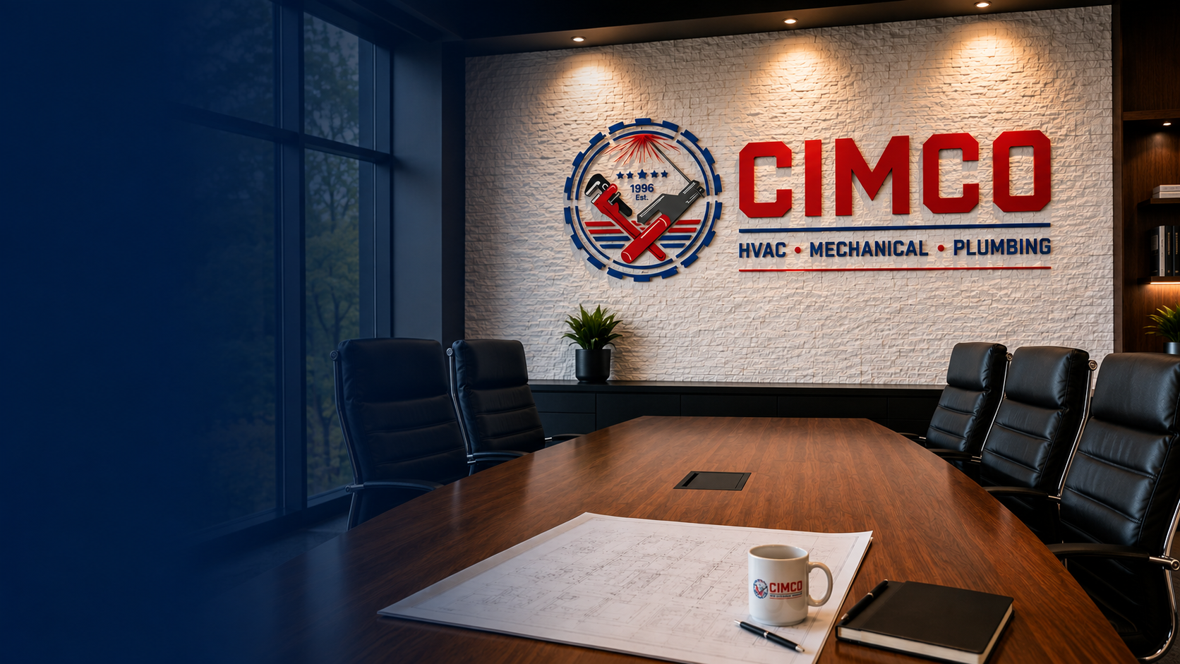 CIMCO leadership conference room with company branding, conference table and mechanical construction plans.
