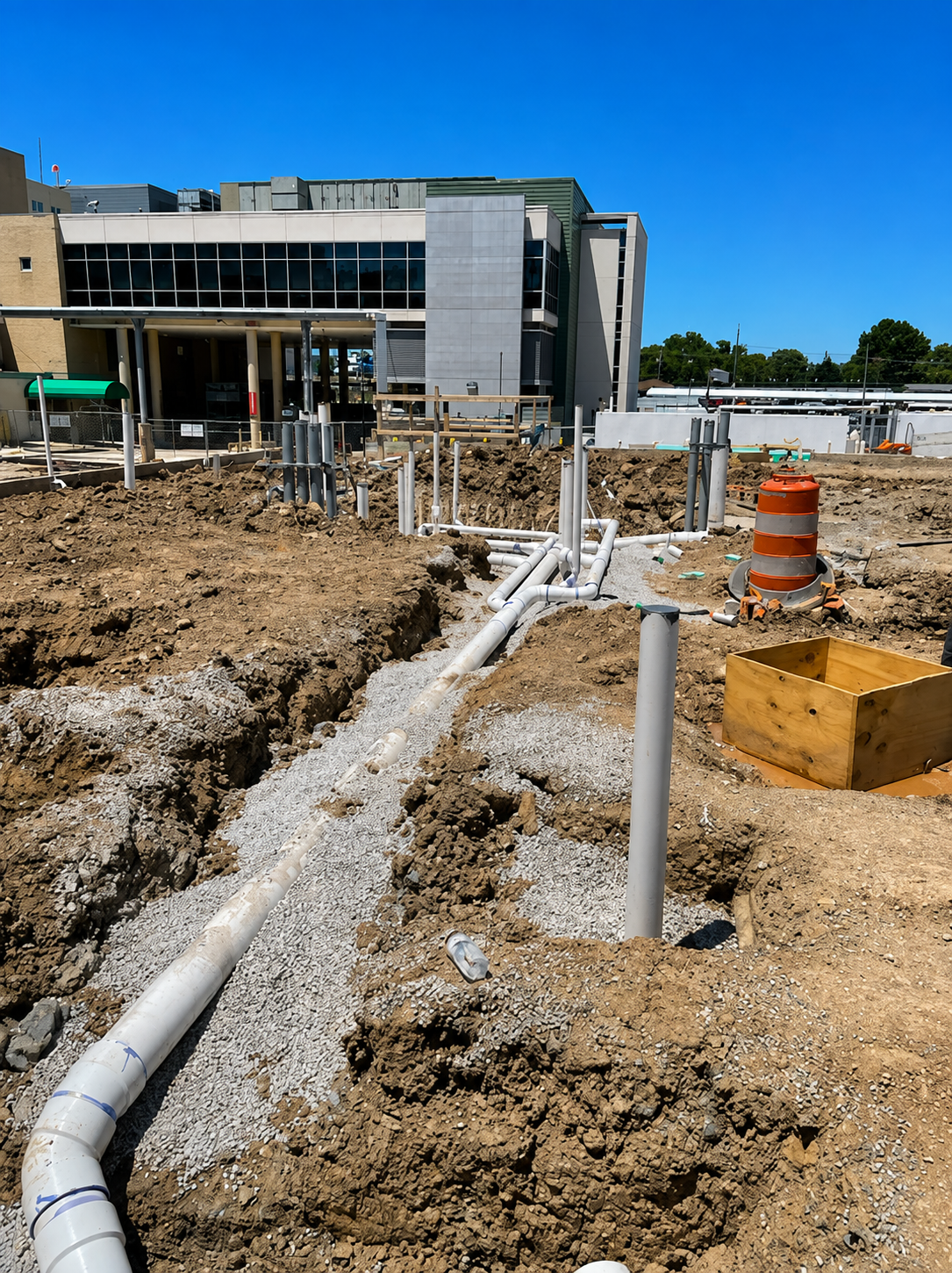 Underground plumbing installation at the CHH Surgery Expansion in Huntington, West Virginia.