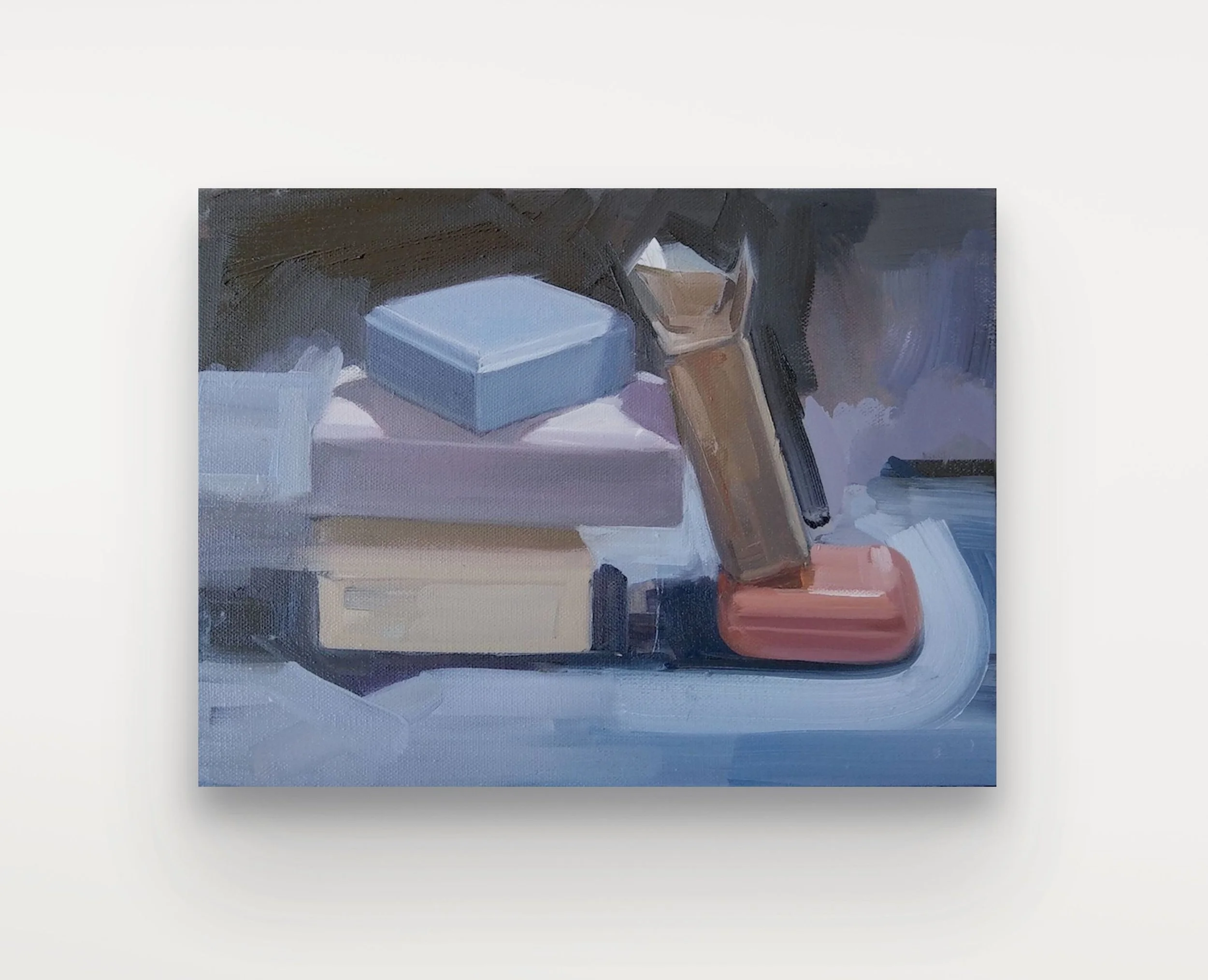 Soaps (blue square), oil on canvas, 9 x 12 inches, 2019