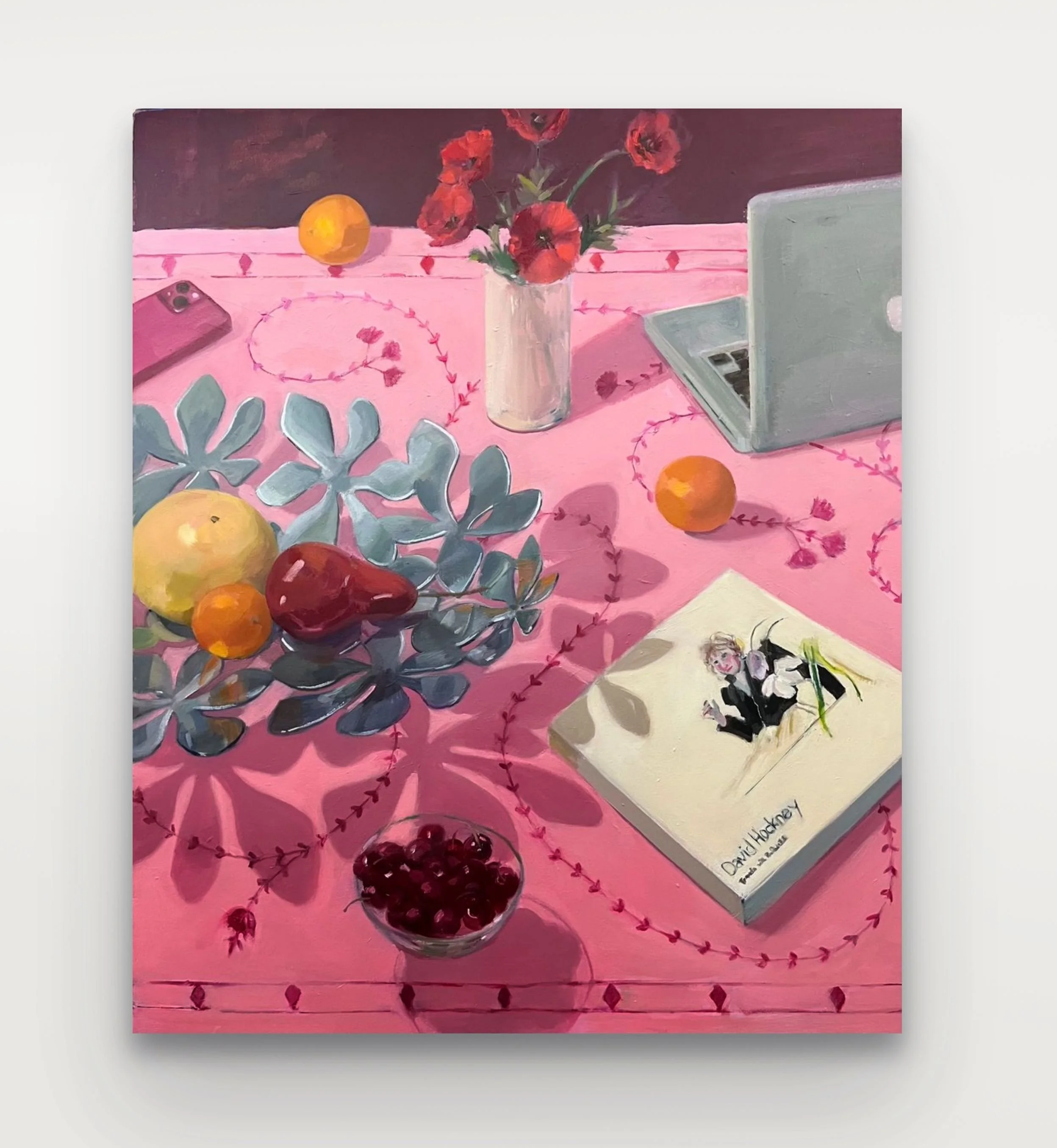 Fruit, Flowers, & Hockney, oil on canvas 36 x 30 inches, 2025