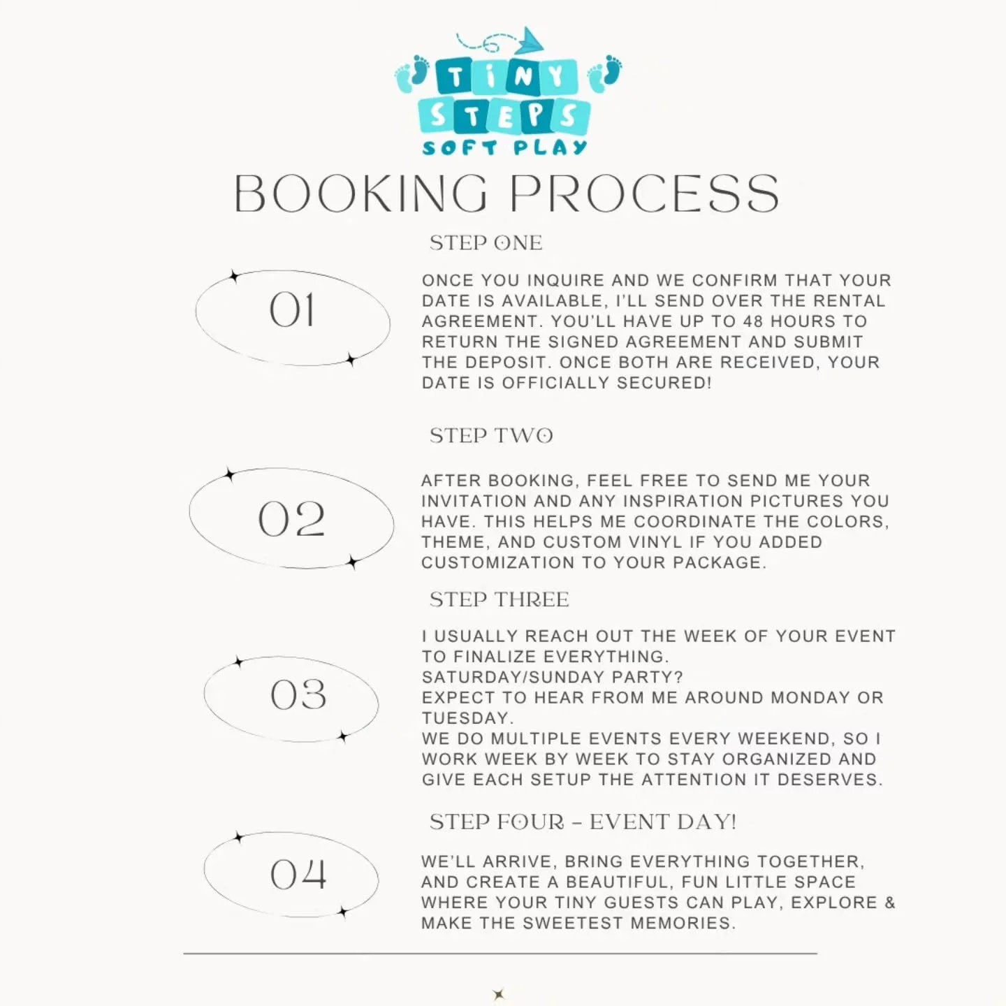 With so many beautiful celebrations on our calendar, staying organized is so important! This is the process I follow for every booking so I can give each family and each setup the attention it deserves. Thank you for trusting Tiny Steps with your spe