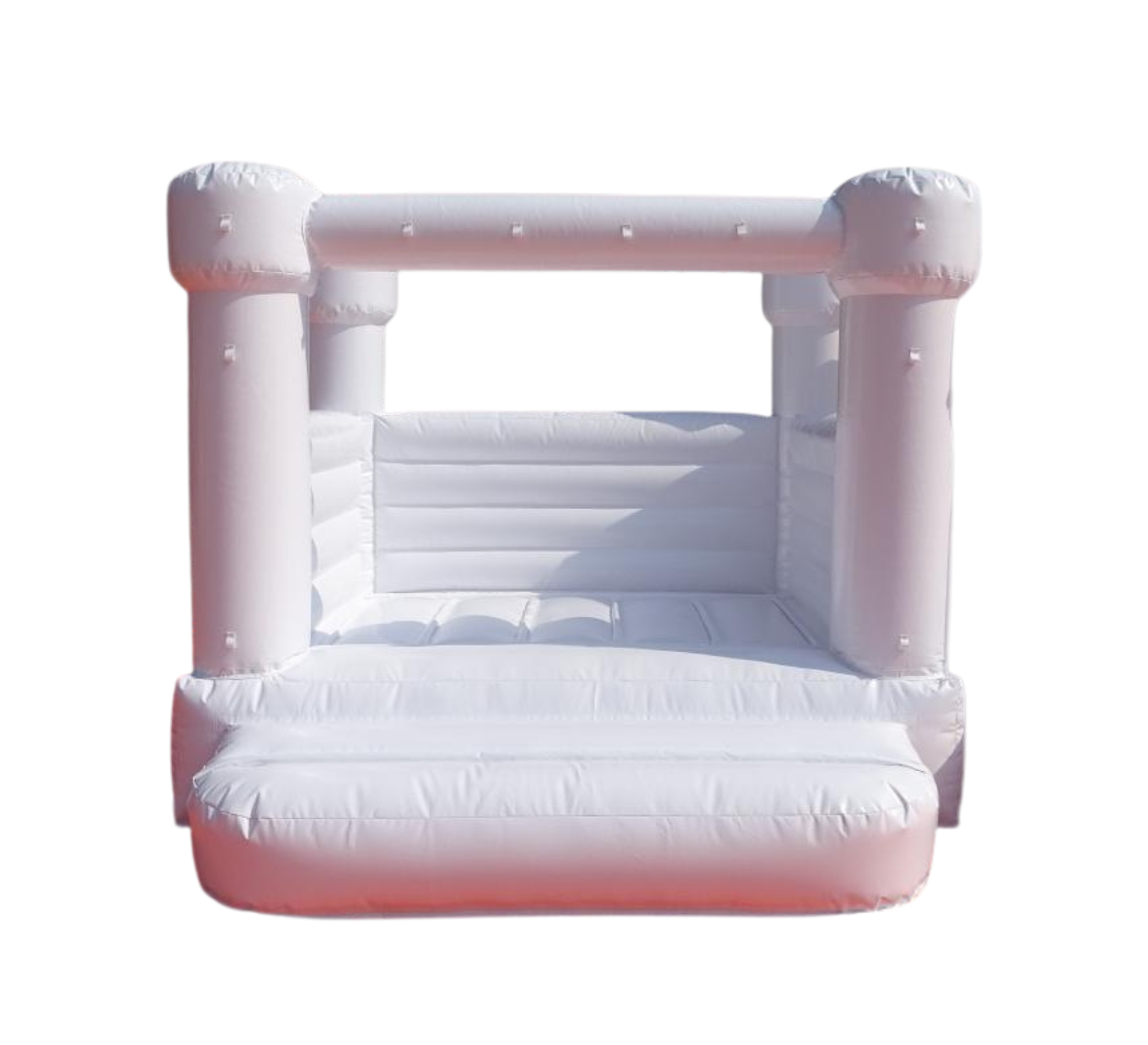 White inflatable bounce house with open front, rounded edges, and padded interior for children to play inside.