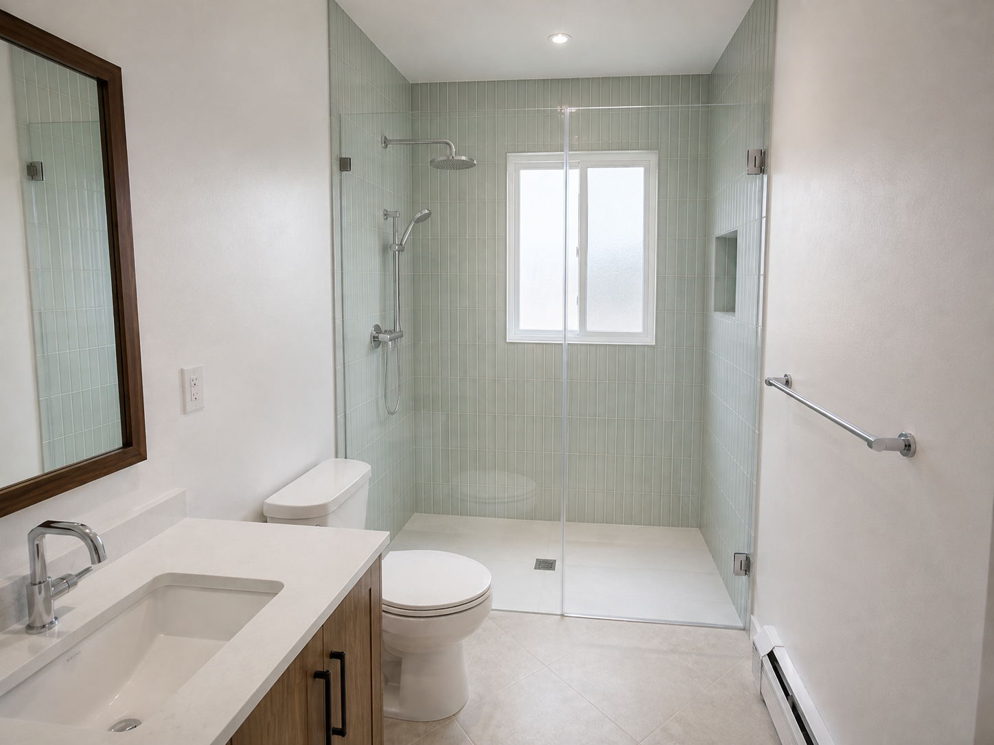 Modern bathroom with a glass-enclosed shower, a white toilet, a wooden vanity with a white countertop, a mirror, and a window in the shower area.