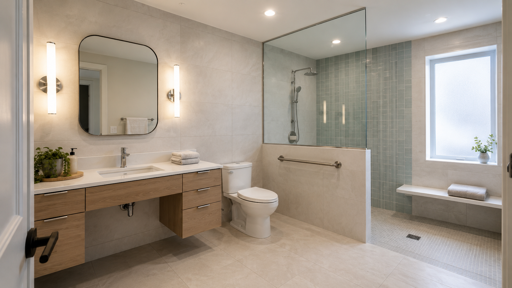 Modern bathroom with a white sink, wooden cabinet, large round mirror, two vertical lights, houseplants, towels, toilet, walk-in shower with glass partition, and a window with a small potted plant.