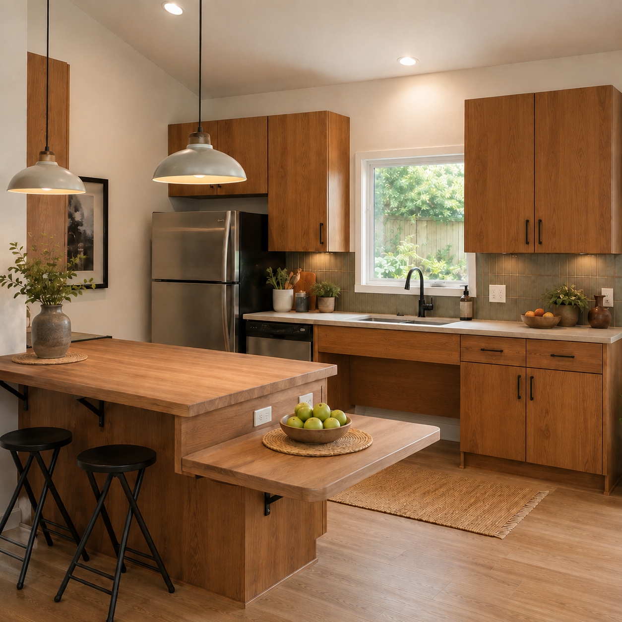 Modern kitchen with wooden cabinets, stainless steel refrigerator, black faucet, window with greenery outside, kitchen island with green apples, potted plants, and pendant lights.