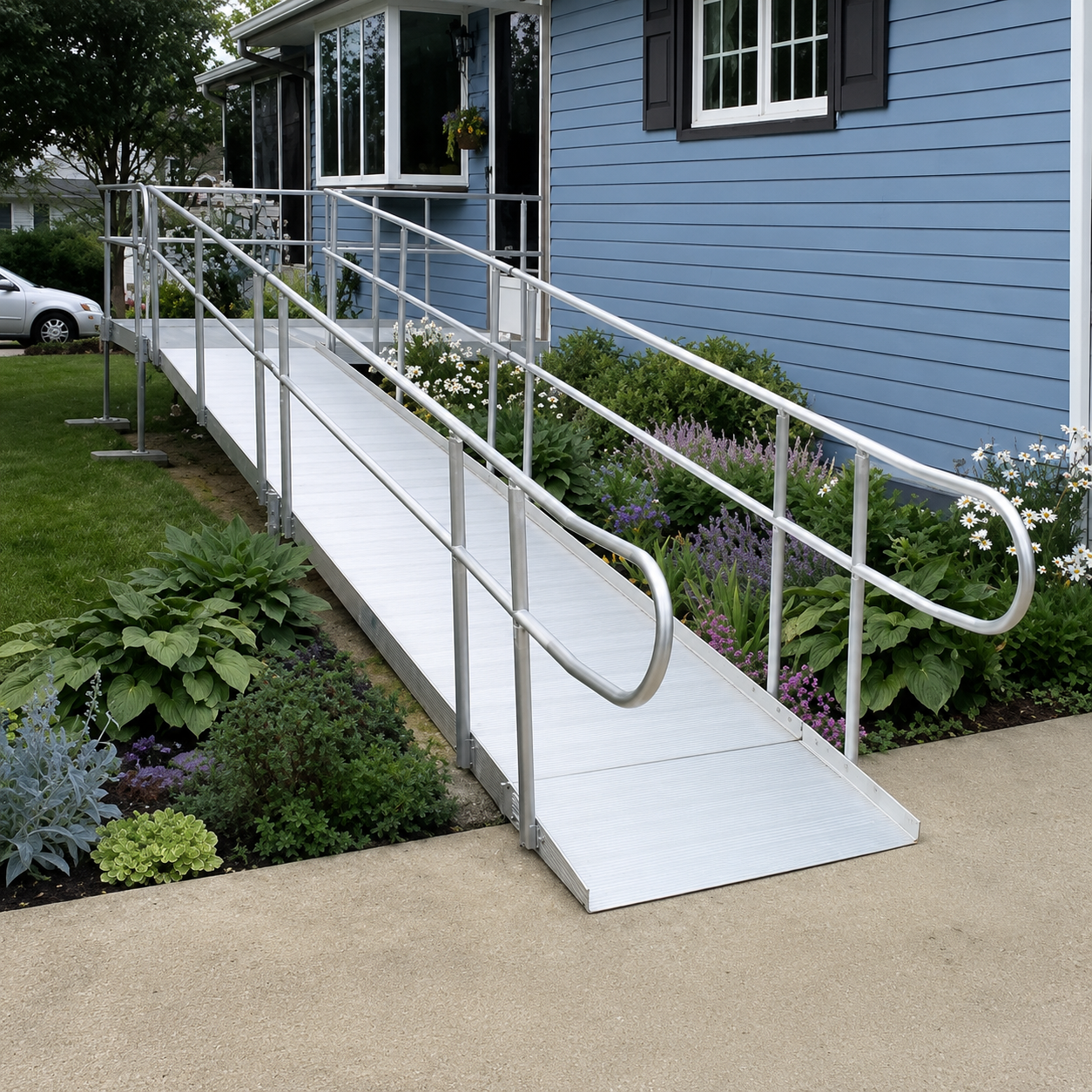 A home with a wheelchair accessible ramp leading to the front door, surrounded by flower beds with colorful plants and shrubs.