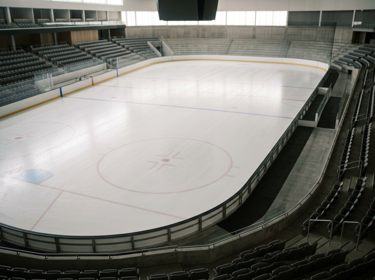 Empty indoor ice hockey arena with seating on all sides and an ice rink in the center.