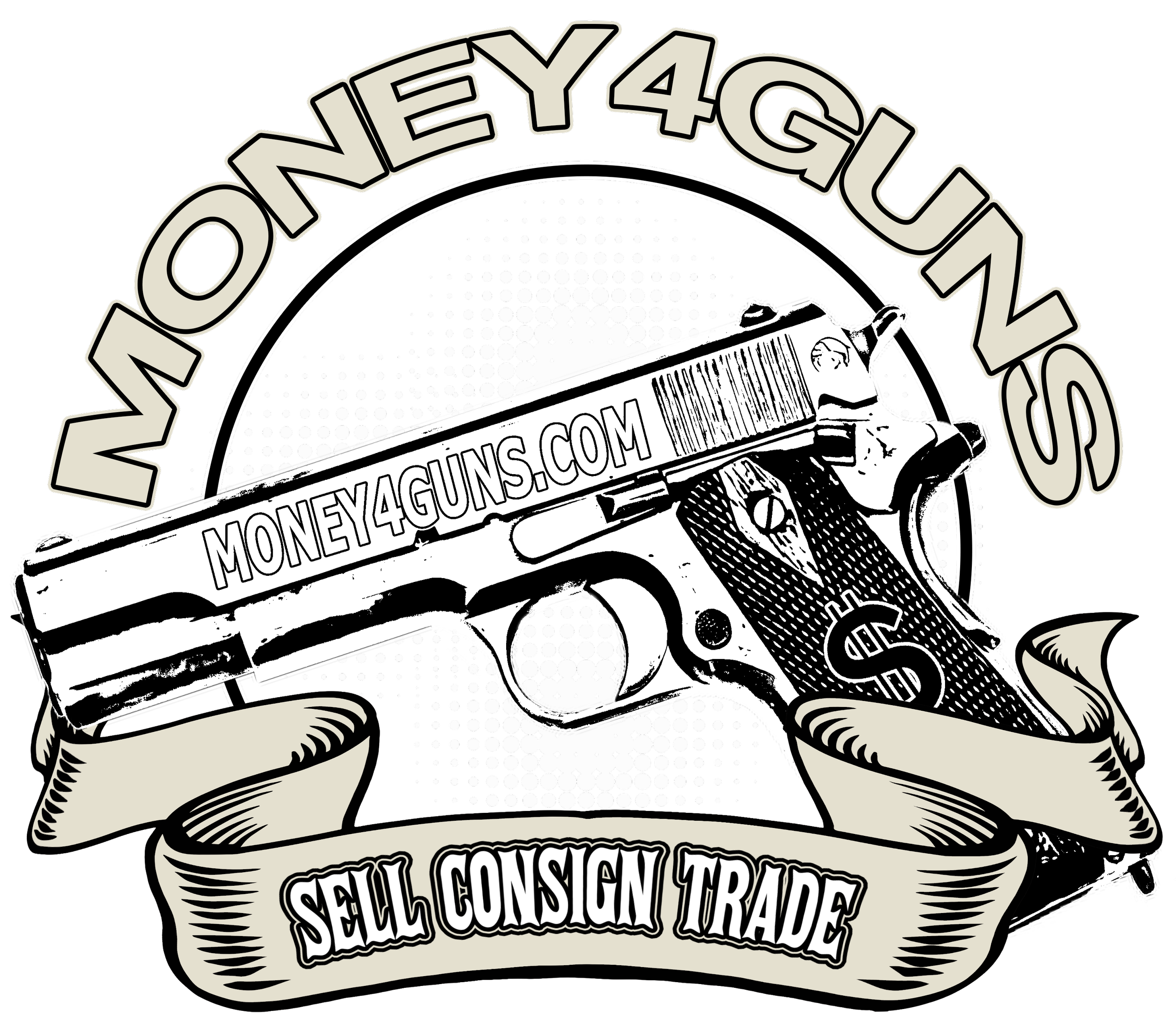 Black and white graphic of a person holding a gun with text around their head that reads 'money4guns.com'. Additional text includes 'sell, consign, trade'.