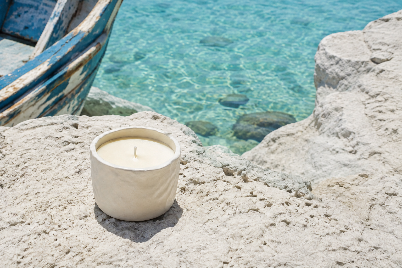 Hand-formed ceramic STAU candle on sun-bleached limestone beside turquoise water in Favignana, Sicily