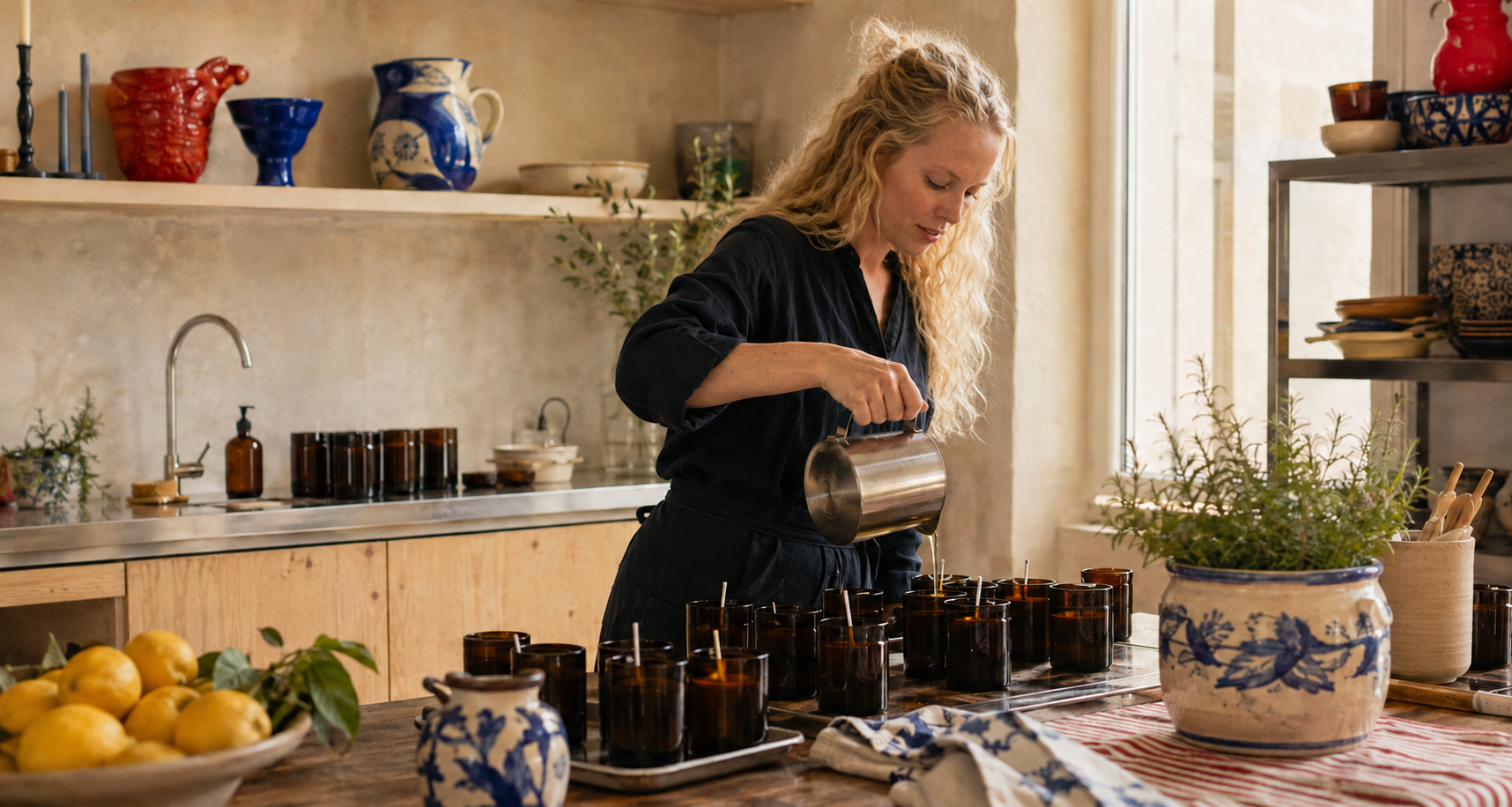 Blonde woman pouring natural wax into amber candle vessels in a Copenhagen-meets-Italy studio