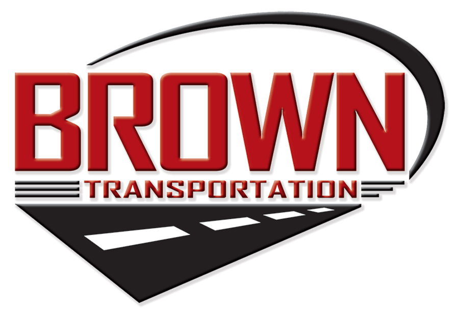 Brown Transportation company logo with red lettering, black swoosh, and stylized roadway