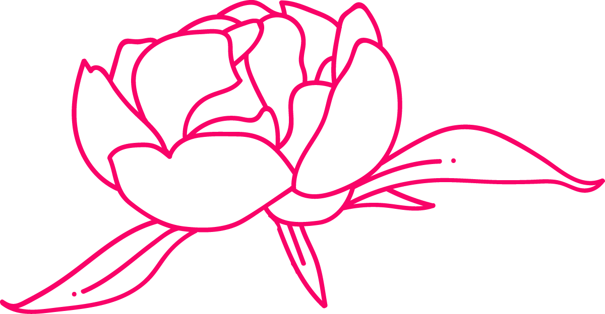 Outline of a pink rose with leaves on a black background.