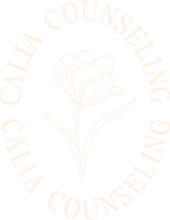 Light logo with a pink flower and white text that says "Calia Counseling" in an oval arrangement.