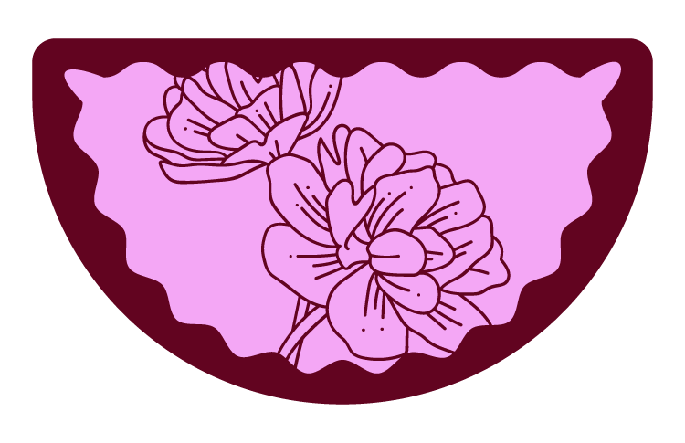 Illustration of a pink flower with multiple petals inside a semi-circular, dark red frame.
