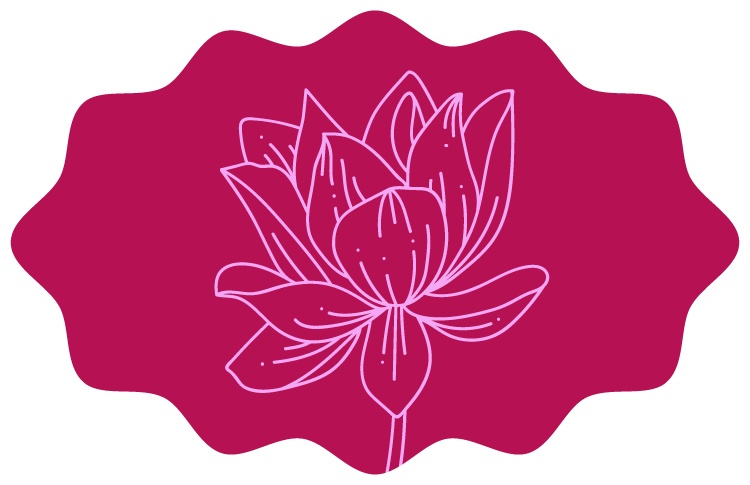 Outline drawing of a lotus flower with multiple petals on a pink irregular shape background.
