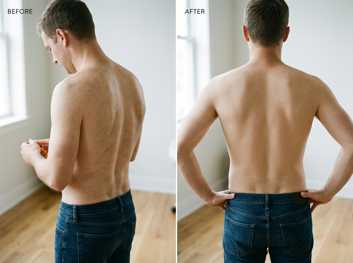 Before and after photos of a shirtless man showing results from laser hair removal at Knoxville's Wellness from Within, with the man standing in a well-lit room with wooden floors and a window in the background.