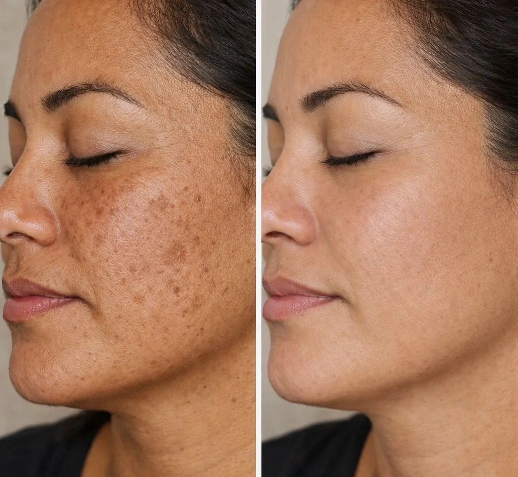 Comparison of a woman's face before and after IPL Photofacial skin treatment at Knoxville's Wellness from Within, showing reduced hyperpigmentation and smoother skin after treatment.