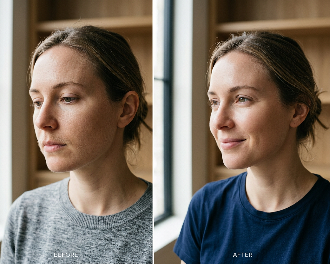 Before and after images of a woman. 'Before', she has a neutral expression and slight facial hair. 'After', she is smiling gently, with clearer, more radiant hair-free skin after laser hair removal treatment at Knoxville's Wellness from Within.