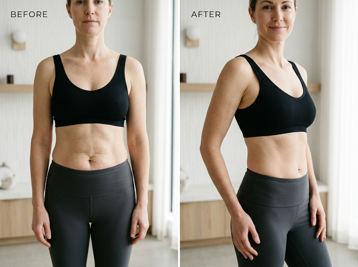 Side-by-side comparison of a woman before and after Morpheus Body Burst treatment at Knoxville's Wellness from WithIn. In the "Before" photo, she has a flatter stomach. In the "After" photo, she has a more toned and defined waist, smiling.