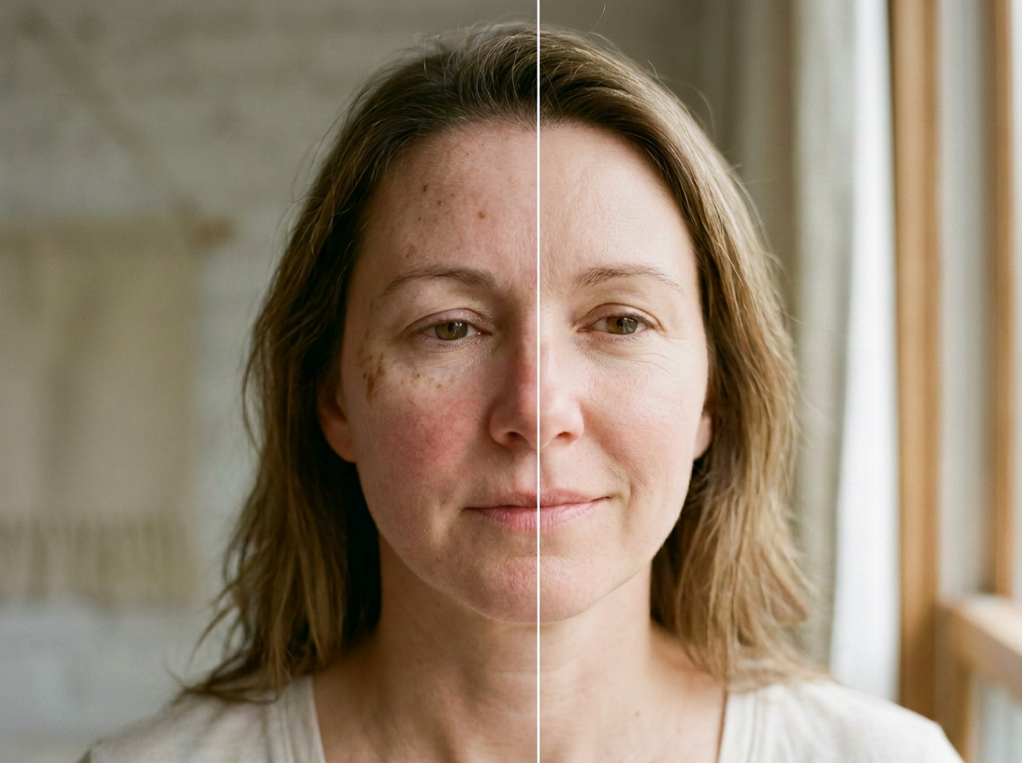 A split image of a woman's face showing the difference between skin with and without acne scars or hyperpigmentation after IPL Photofacial skin treatment at Knoxville's Wellness from Within.