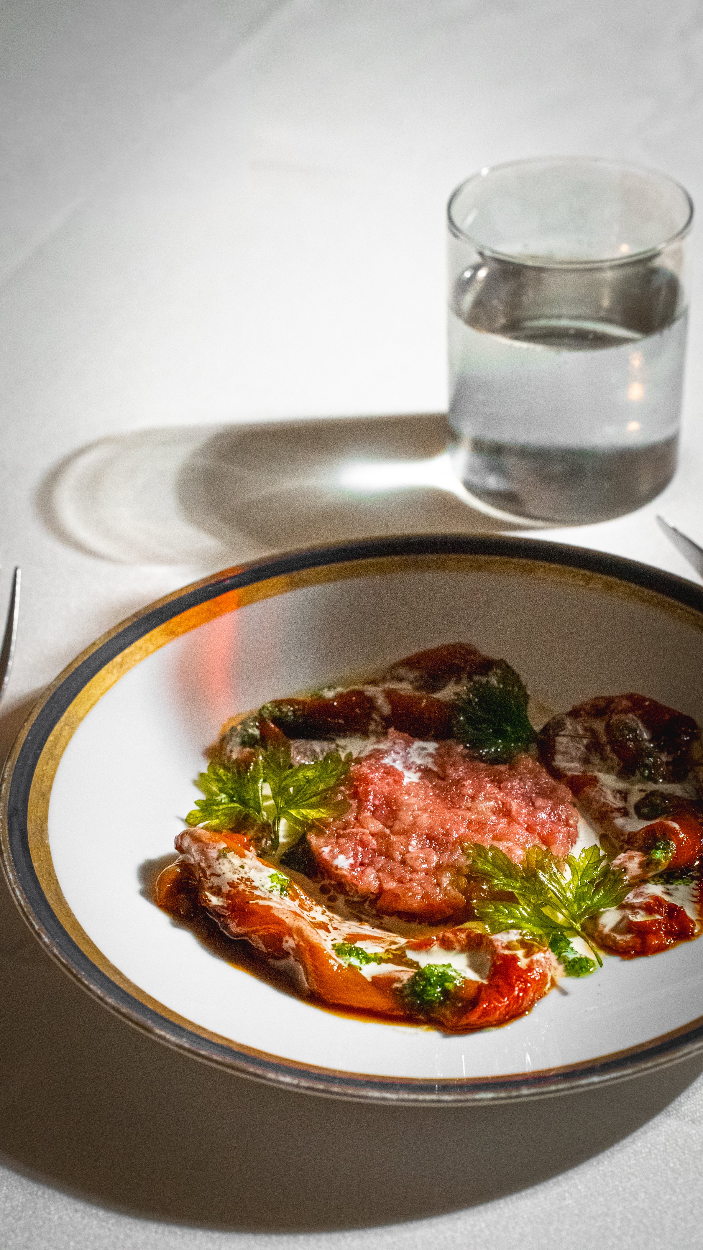 Piatto di pesce con salsa e guarnizioni di prezzemolo, in una ciotola bianca con bordo dorato, e un bicchiere di acqua sul tavolo.