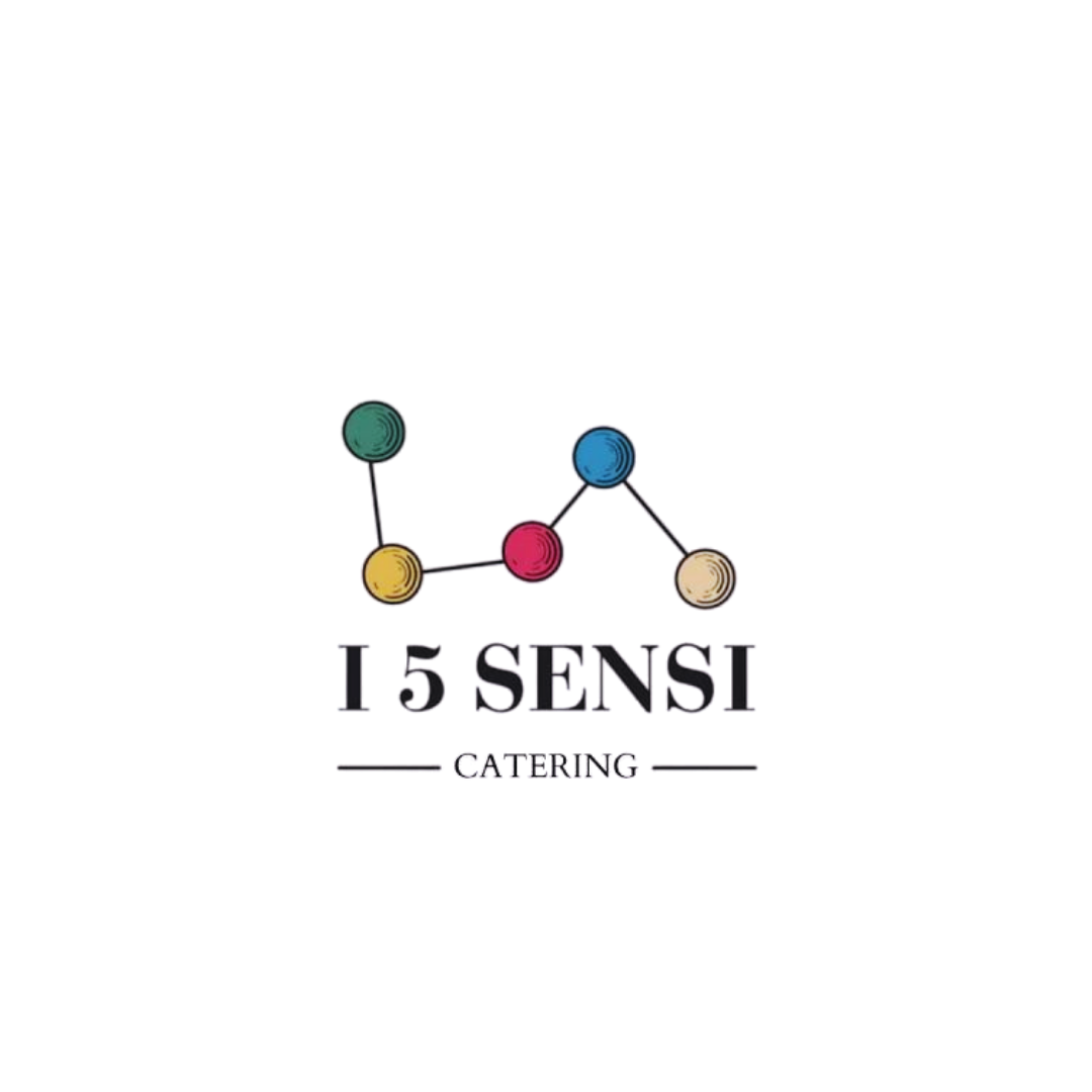 Logo con testo 'L. 5 SENSI' e 'CATERING' sotto, con simbolo di una house e cinque punti colorati collegati sopra.