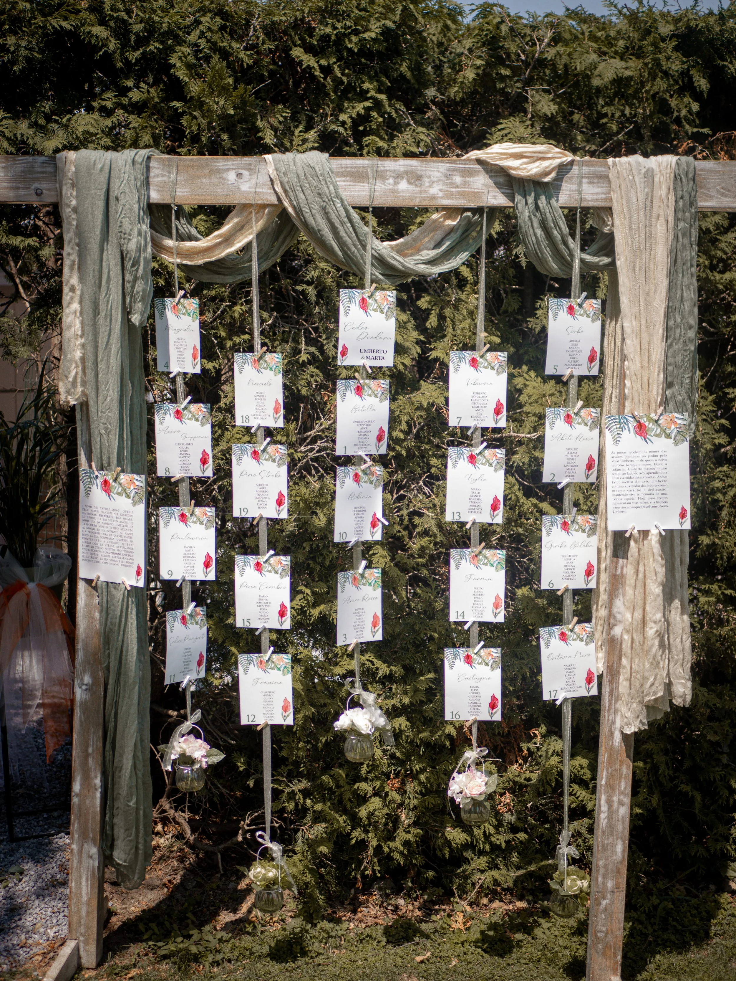 Decorazione floreale con foglie e fiori, pizzi e tessuti colorati, con carte con nomi e numeri appese a liste di corda appese a un'ancora di legno in un ambiente naturale, probabilmente per un matrimonio.