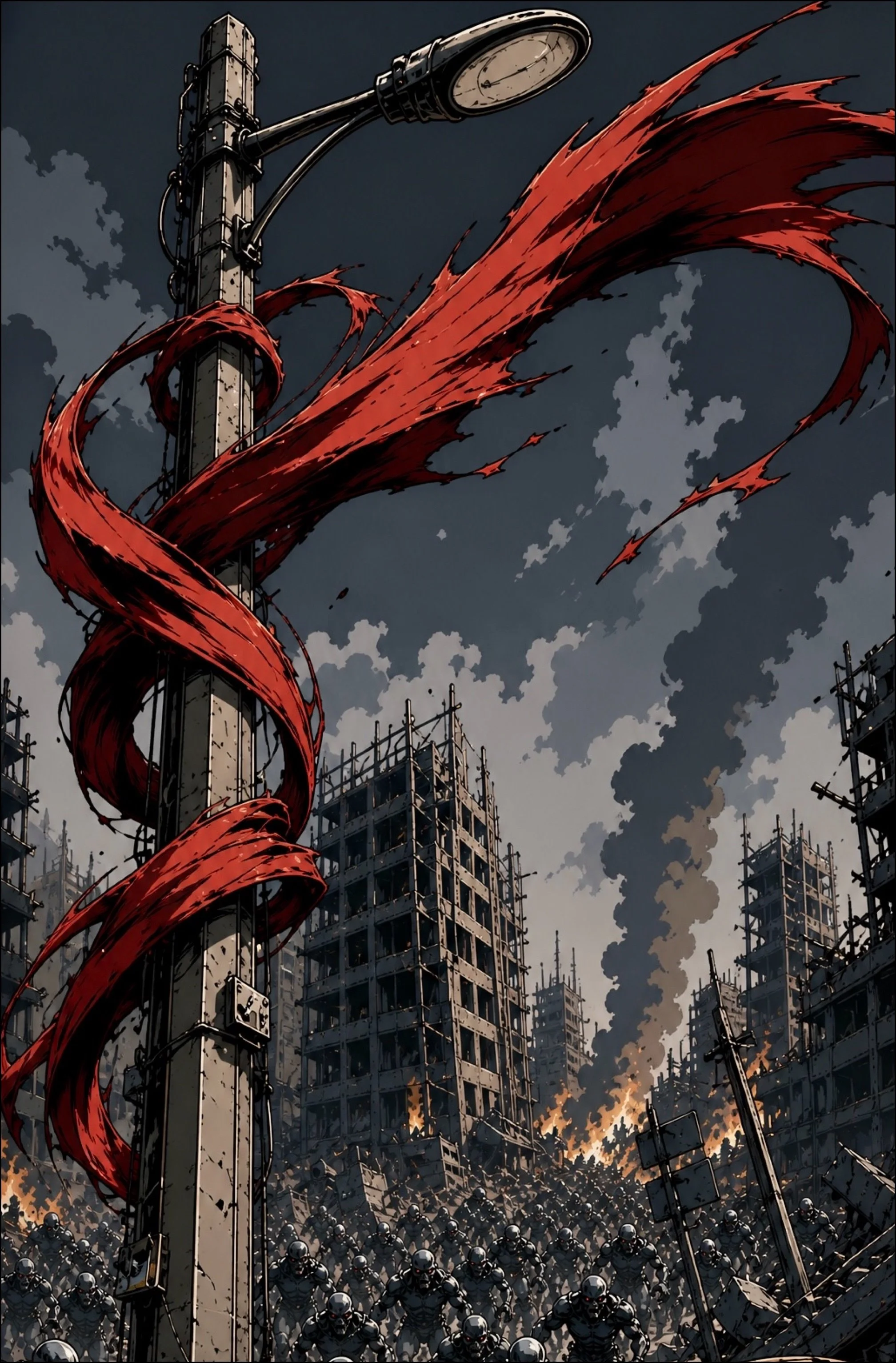 A dark, dystopian scene of a city under attack with a large crowd of riot police in front of a devastated building. A glowing red slit spirals around a tall light pole, against a stormy sky.