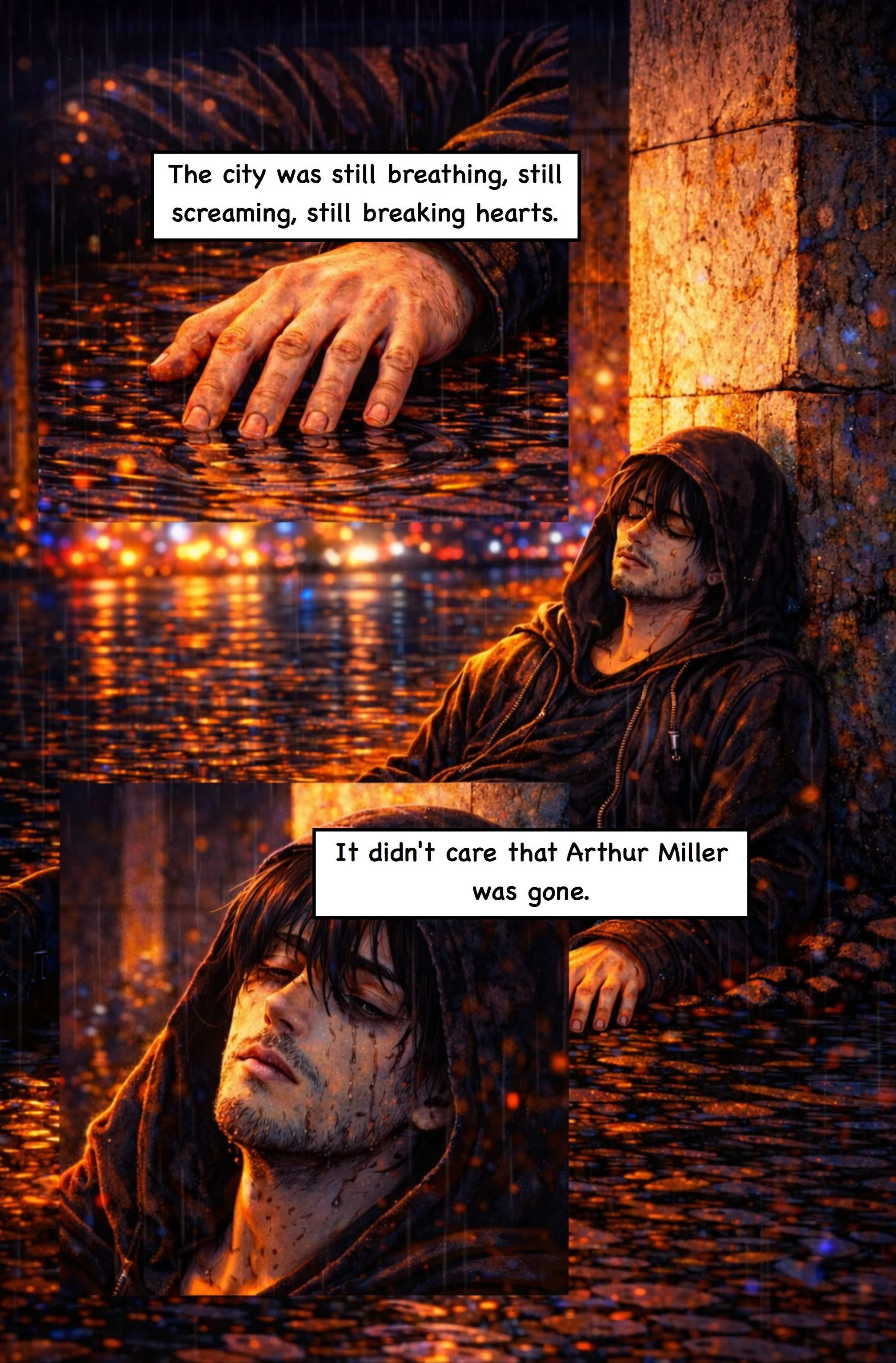 A young man with dark hair and a hoodie leaning against a stone wall, sitting in water with a reflective surface and glowing orange lights around him, with an overlay of two close-up images of his face and hand. Text on the image reads: 'The city was still breathing, still screaming, still breaking hearts.' and 'It didn't care that Arthur Miller was gone.'