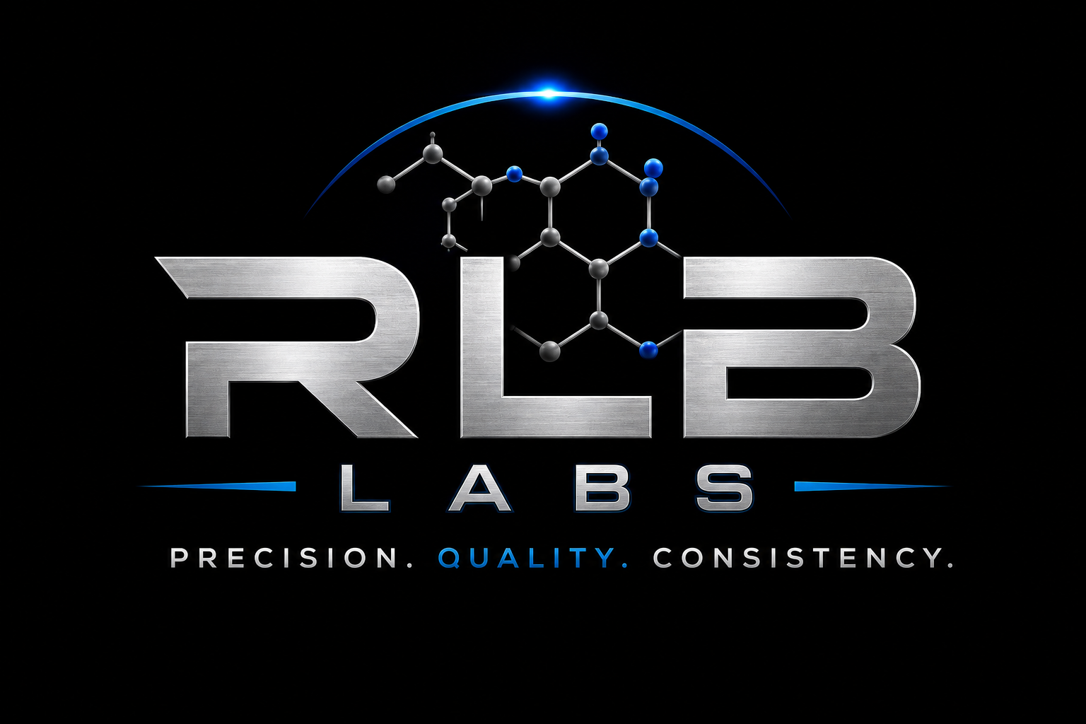 RLB Labs logo with a molecular structure above the text, and the tagline 'Precision. Quality. Consistency.'