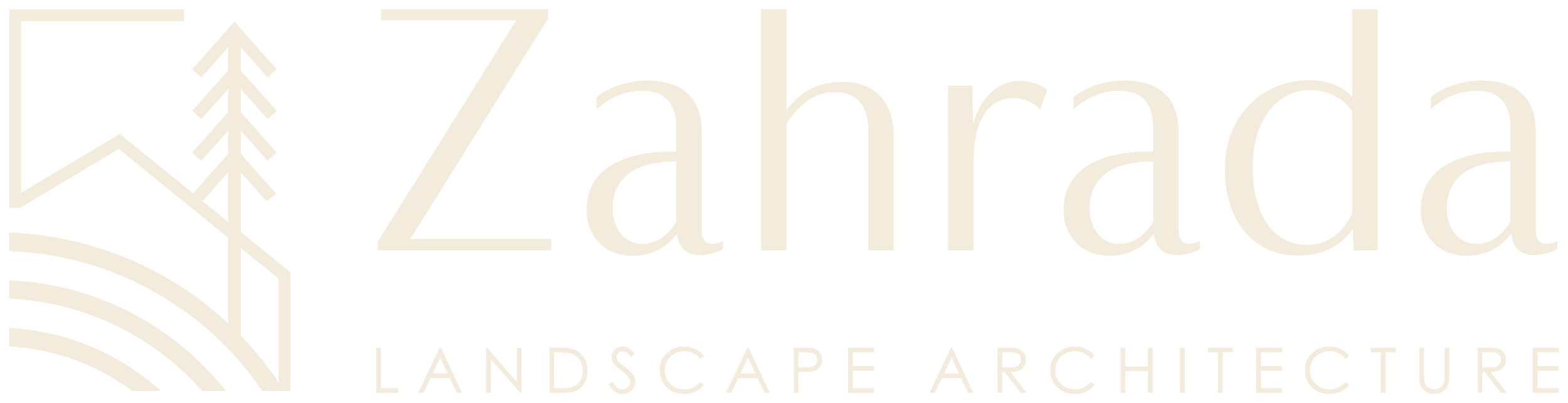 Logo for Zahraa Landscape Architecture featuring stylized trees, landscape lines, and text.