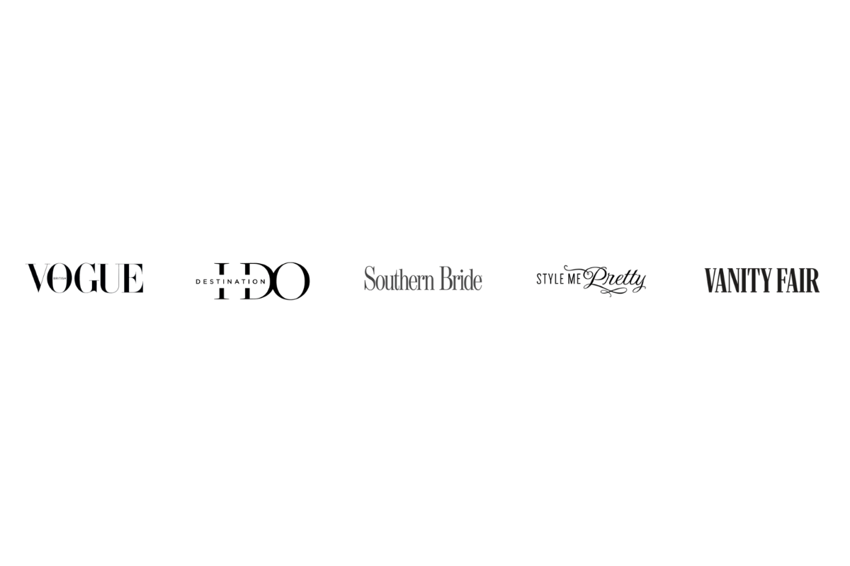 The image features a black background with five magazine logos arranged in a row: Vogue, Estimation, Southern Bride, Style Me Pretty, and Vanity Fair.