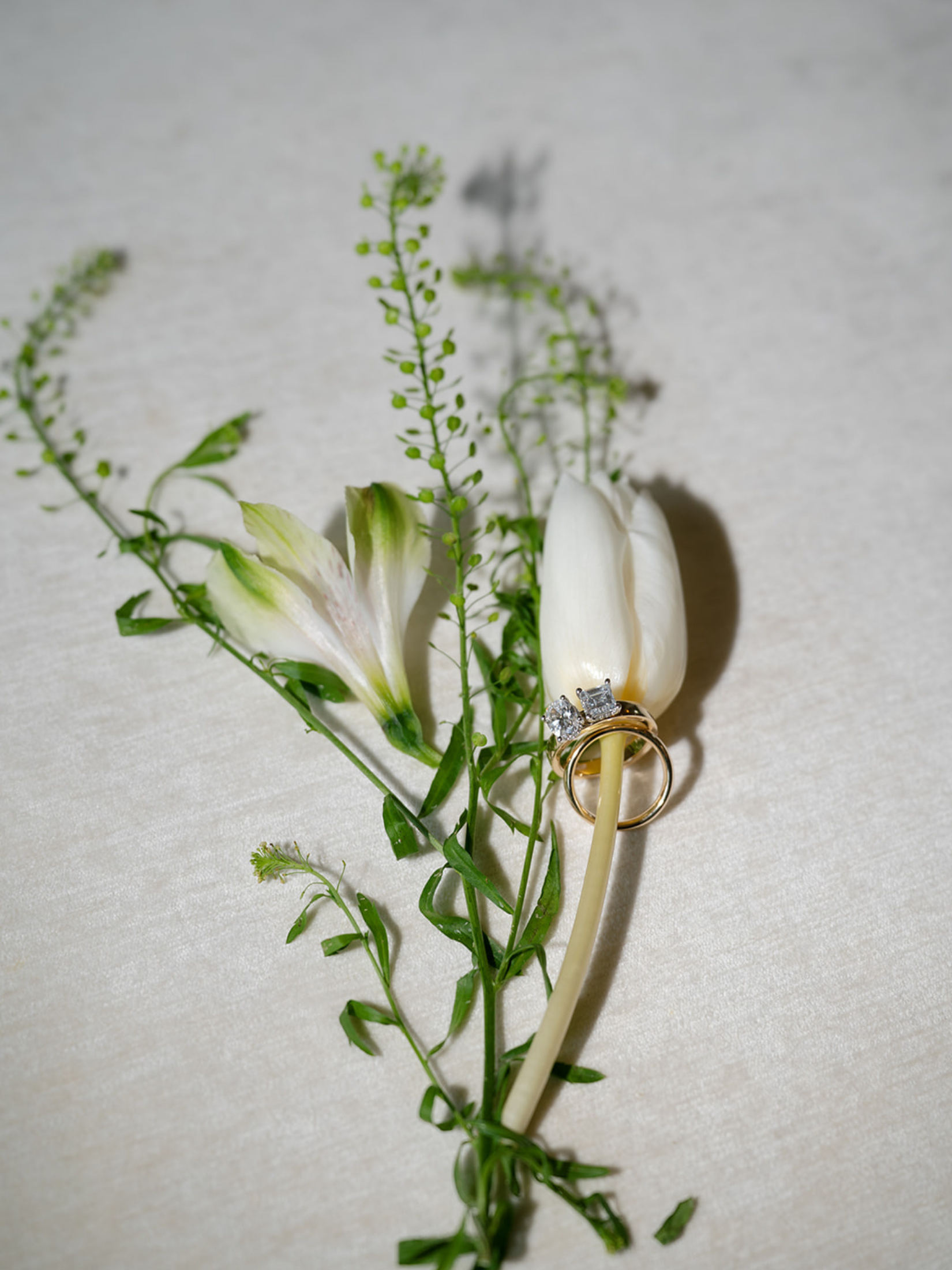 A white flower with green leaves, a gold ring with a diamond, and an engagement ring with a large square-cut diamond, all arranged on a white surface.