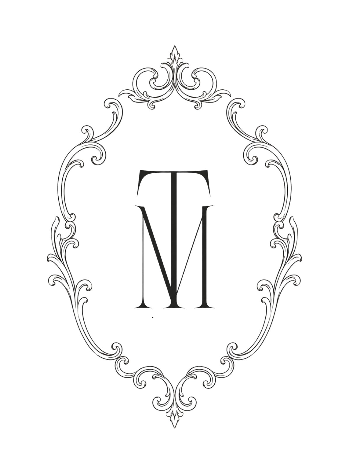 Black background with ornate silver decorative frame and a large monogram N M in the center