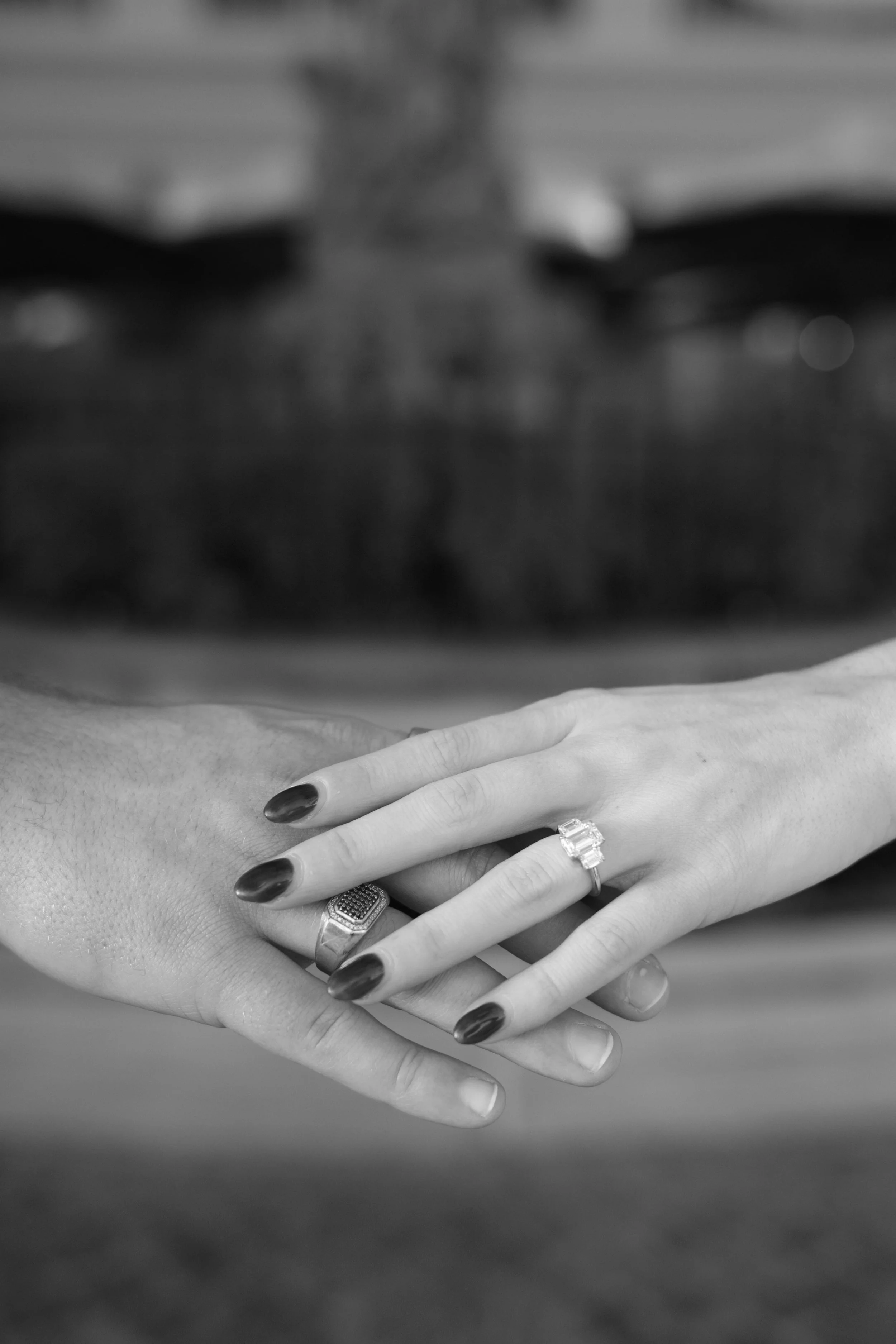 Black and white photograph of two hands gently holding each other, with rings on their fingers, taken in a close-up shot.